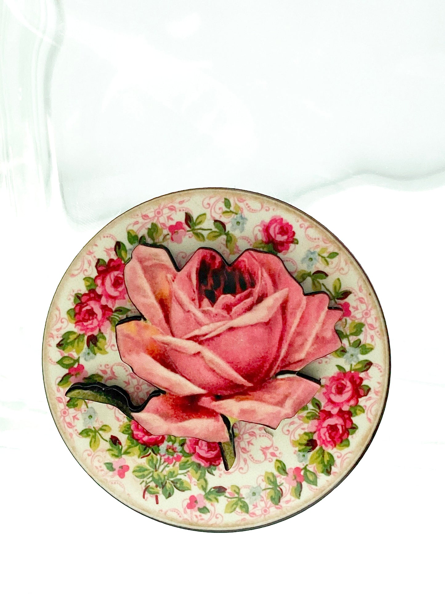 Beautiful Rose Round Brooch, 2 Layers, Pink and Red, Laser Cut Wood with Illustration Sublimated on top.  Feminine Gift, Gift for Mom