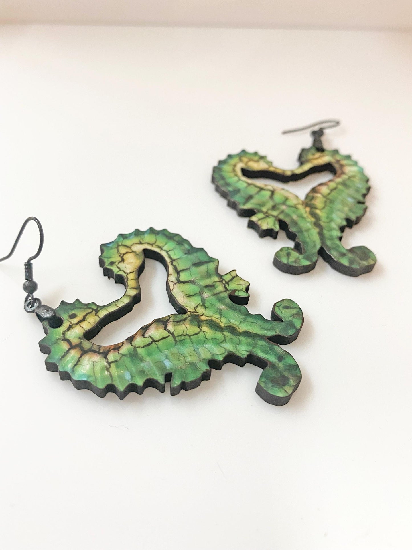 Handmade Wooden Seahorse Heart Earrings – Laser Cut & Sublimated for Durability – Ocean-Inspired Statement Jewelry