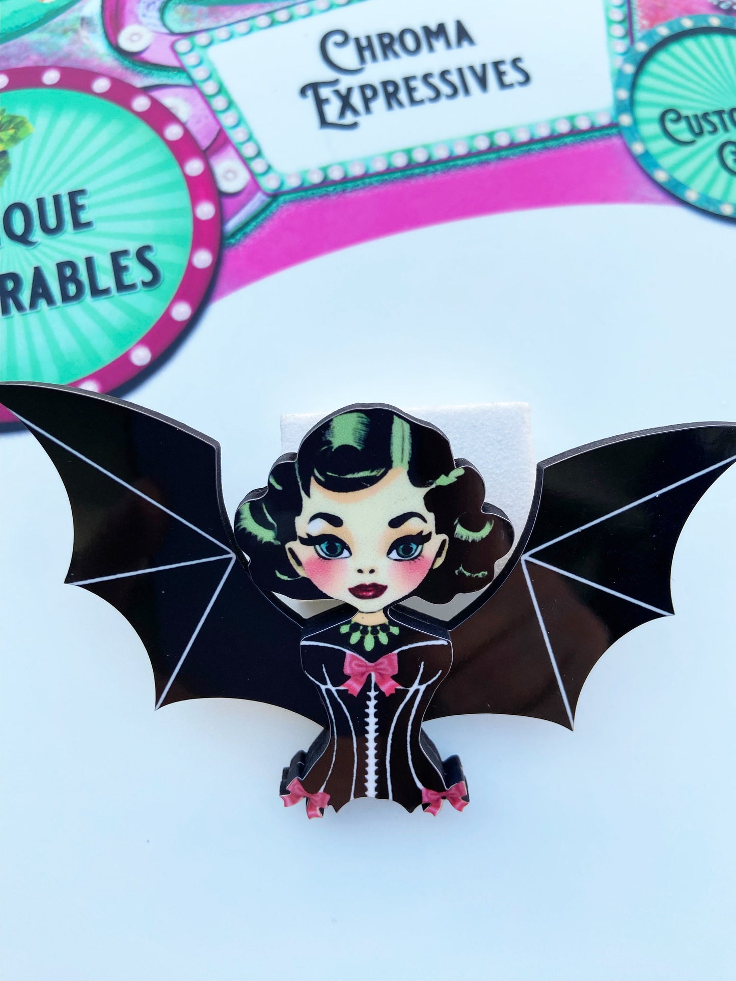 Female Bat Oddity Brooch or Necklace, Corset Wearing Bat, Spooky Season Jewelry, Whimsical and Fun, Illustration Art, Wearable Art