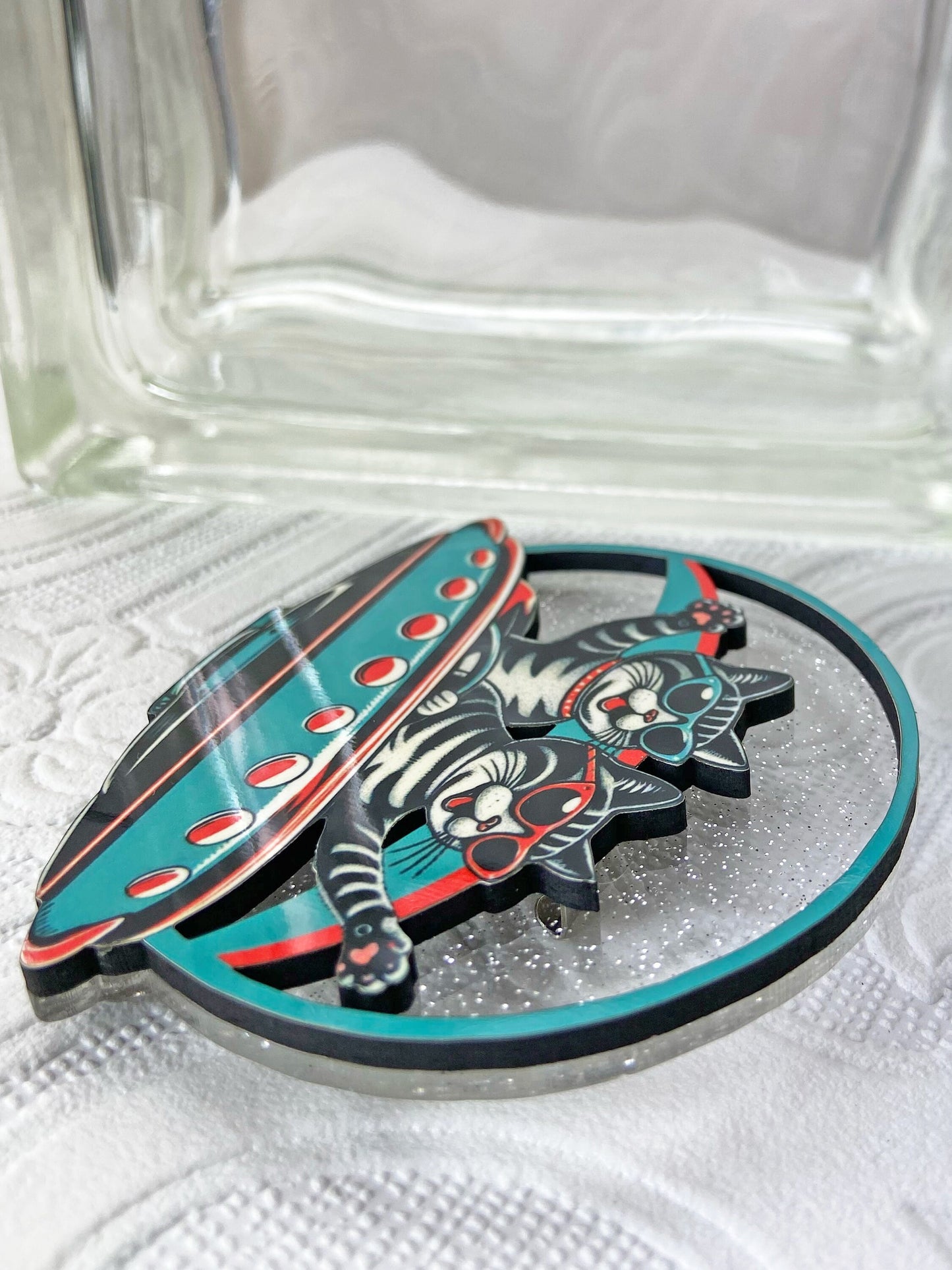 Cool Cats in Outer Futuristic Space Brooch / Pin ~ Flying Saucer, Teal & Red, Wood and Acrylic Laser Cut, Handcrafted, Unique Gift Idea