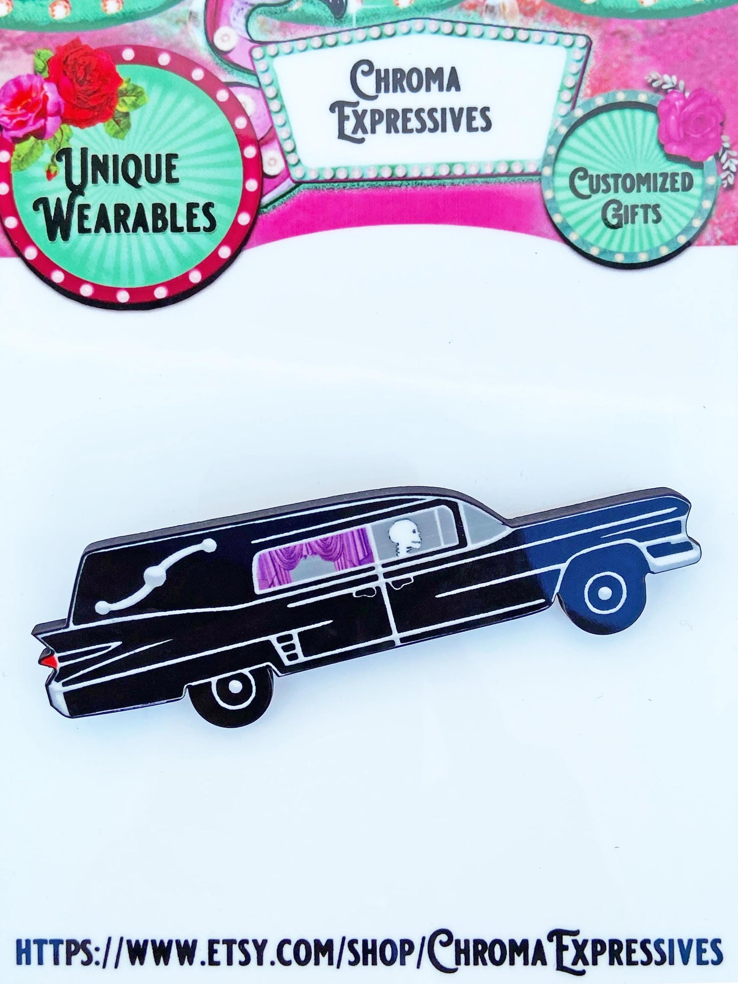 Spooky Season Hearse Brooch ~ Gothic Jewelry ~ Whimsical Hearse ~ Halloween Pin, Skeleton Hearse Driver ~ Gift for Halloween / Spooky Season
