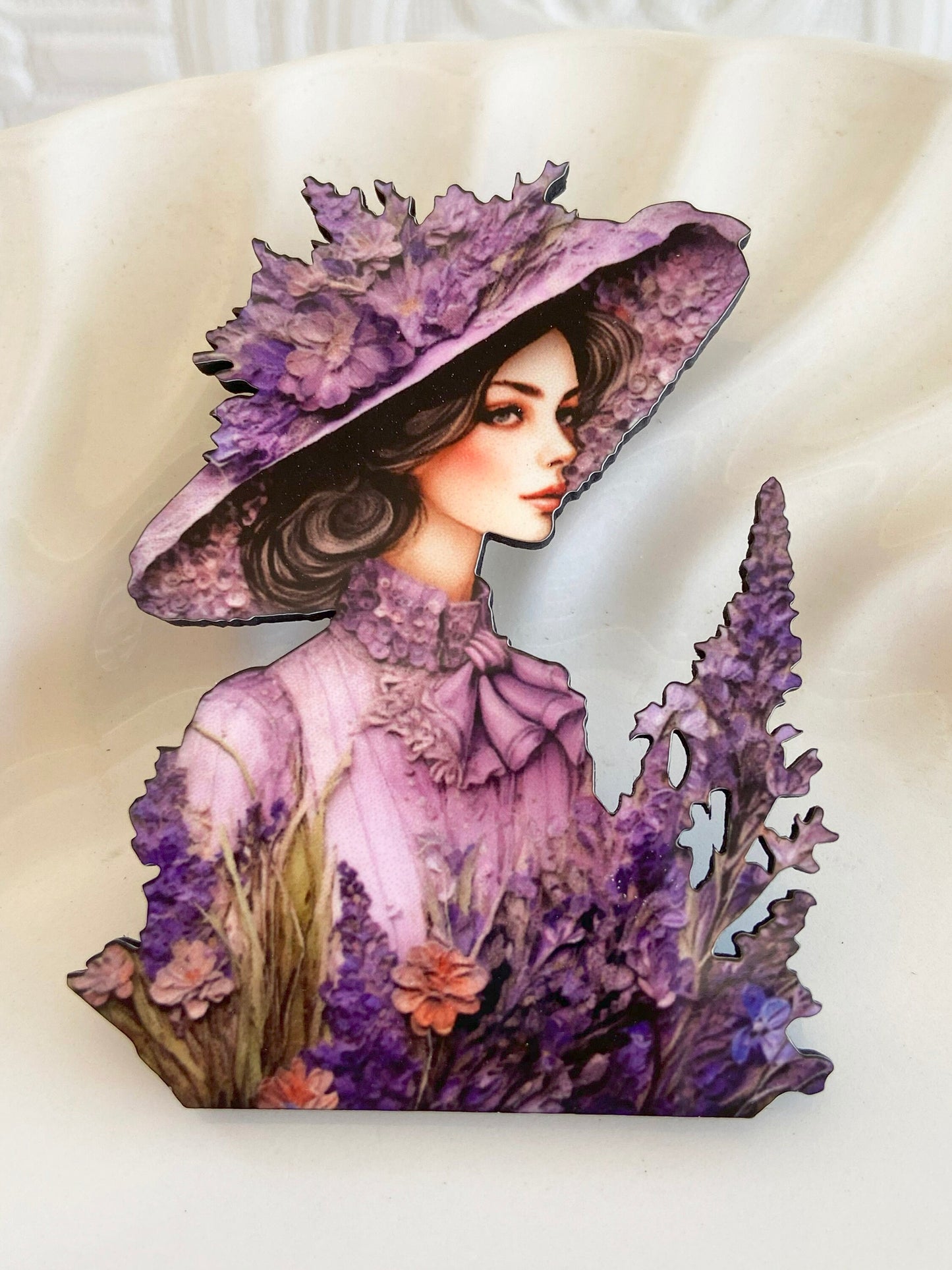 Purple Pleasure, Beautiful Handcrafted Brooch / Pin ~ Vintage Victorian Woman with Hat in Flower Field, Wearable Art ~ Superior Process