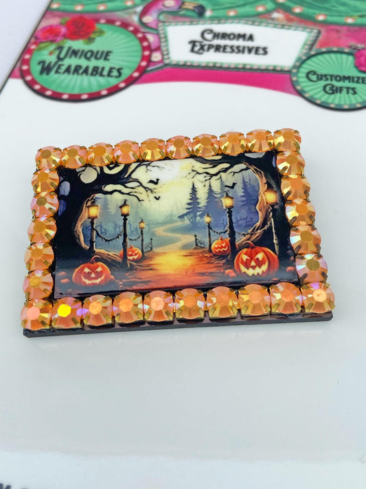 Halloween Themed Brooch, Spooky Forest, Pumpkins, Orange Rhinestones, Gift for Halloween or Spooky Season Lover ~ Laser Cut Wood, Sublimated