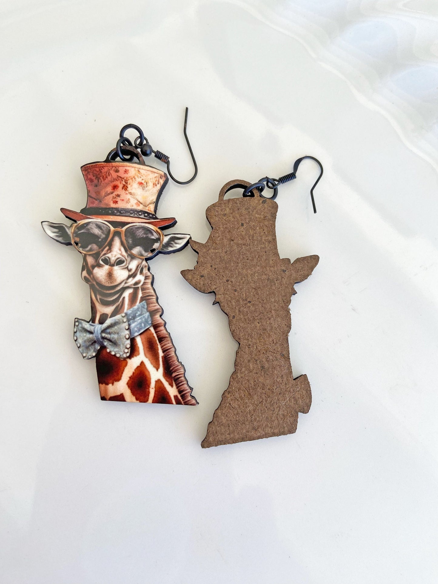 Meet Betty & Frank, Cute Giraffe Couple Earrings ~ Handmade of Laser Cut Wood and Sublimated Image, Illustration Jewelry, Gift Idea