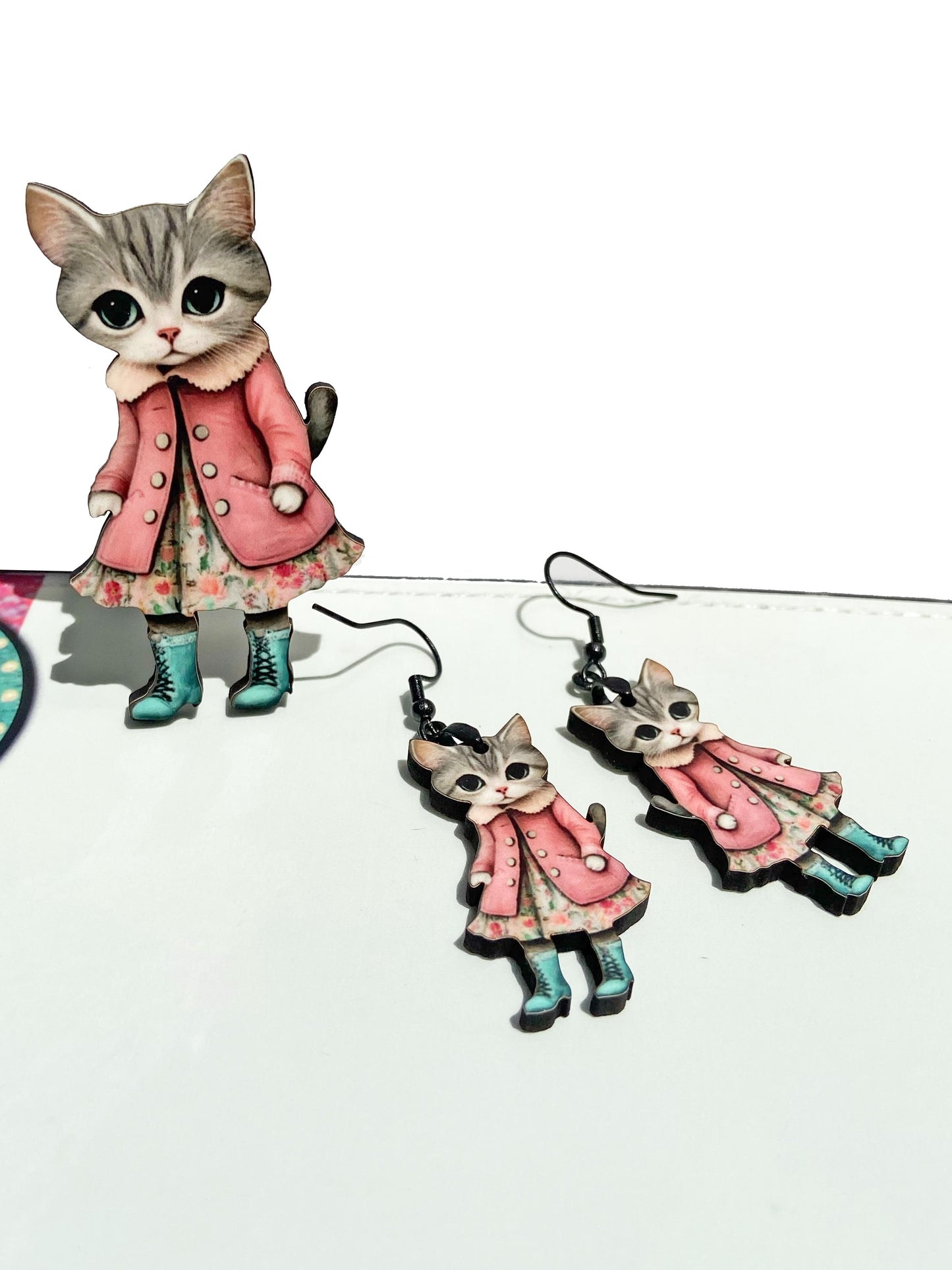 Pink Coat Cute Cat Brooch or Earrings, Clip-on or Wires, Adorable Wearable Art, Winter Ready with her Boots.  Laser cut wood, Sublimation