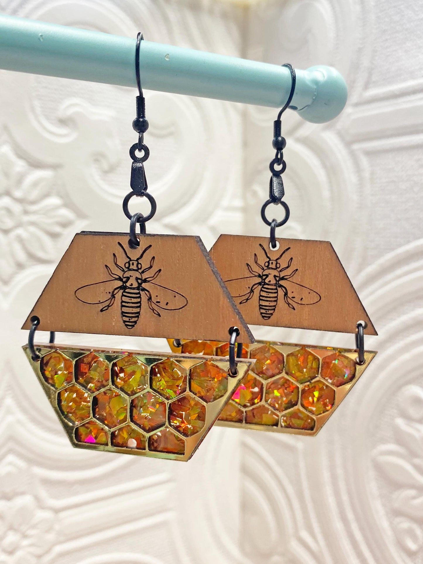 Bee and Honey Handcrafted Earrings, Clip-On or Pierced, Nature Inspired, Honeybee Love, Garden Lover Gift, Laser Cut Wood and Acrylic