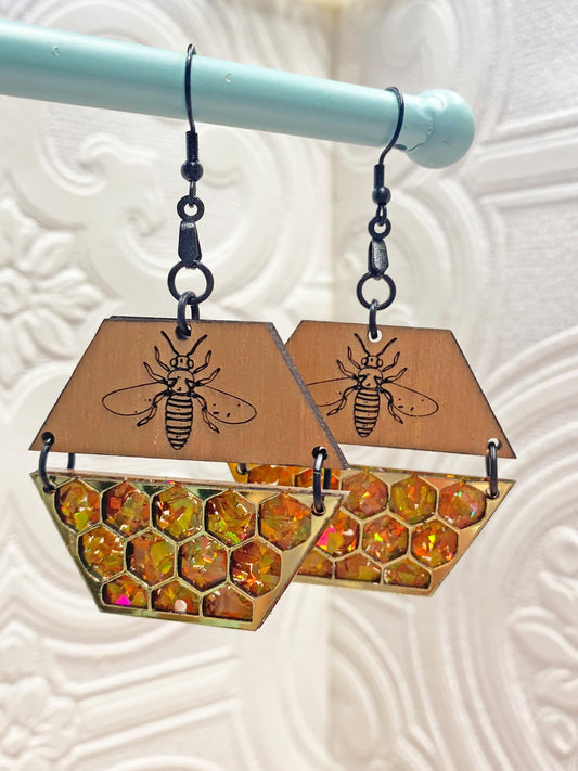 Bee and Honey Handcrafted Earrings, Clip-On or Pierced, Nature Inspired, Honeybee Love, Garden Lover Gift, Laser Cut Wood and Acrylic