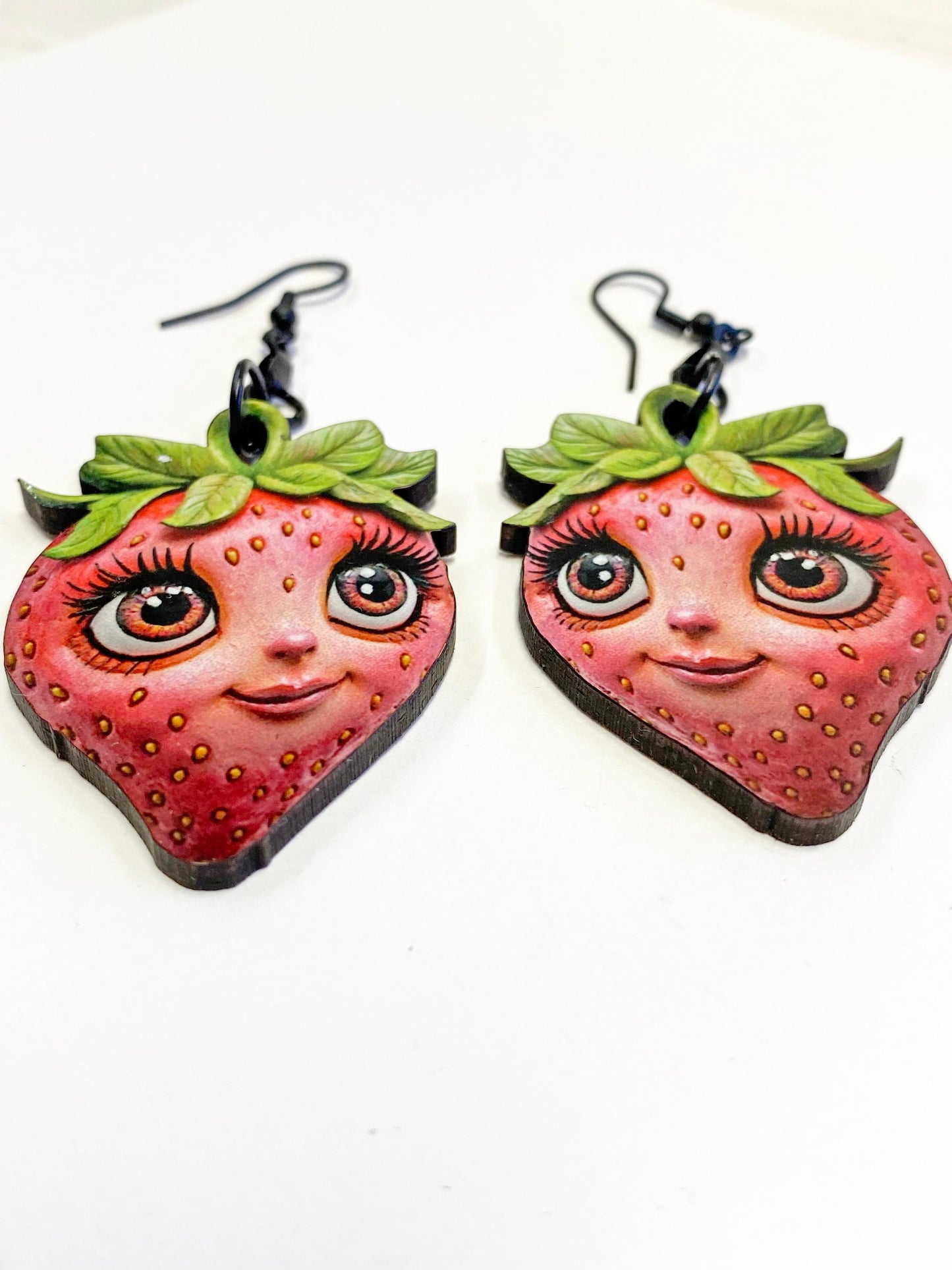 Strawberry Earrings, Whimsical, Weird and Wonderful!  Laser Cut Wood, Sublimated Image.  Pierced or Clip-on