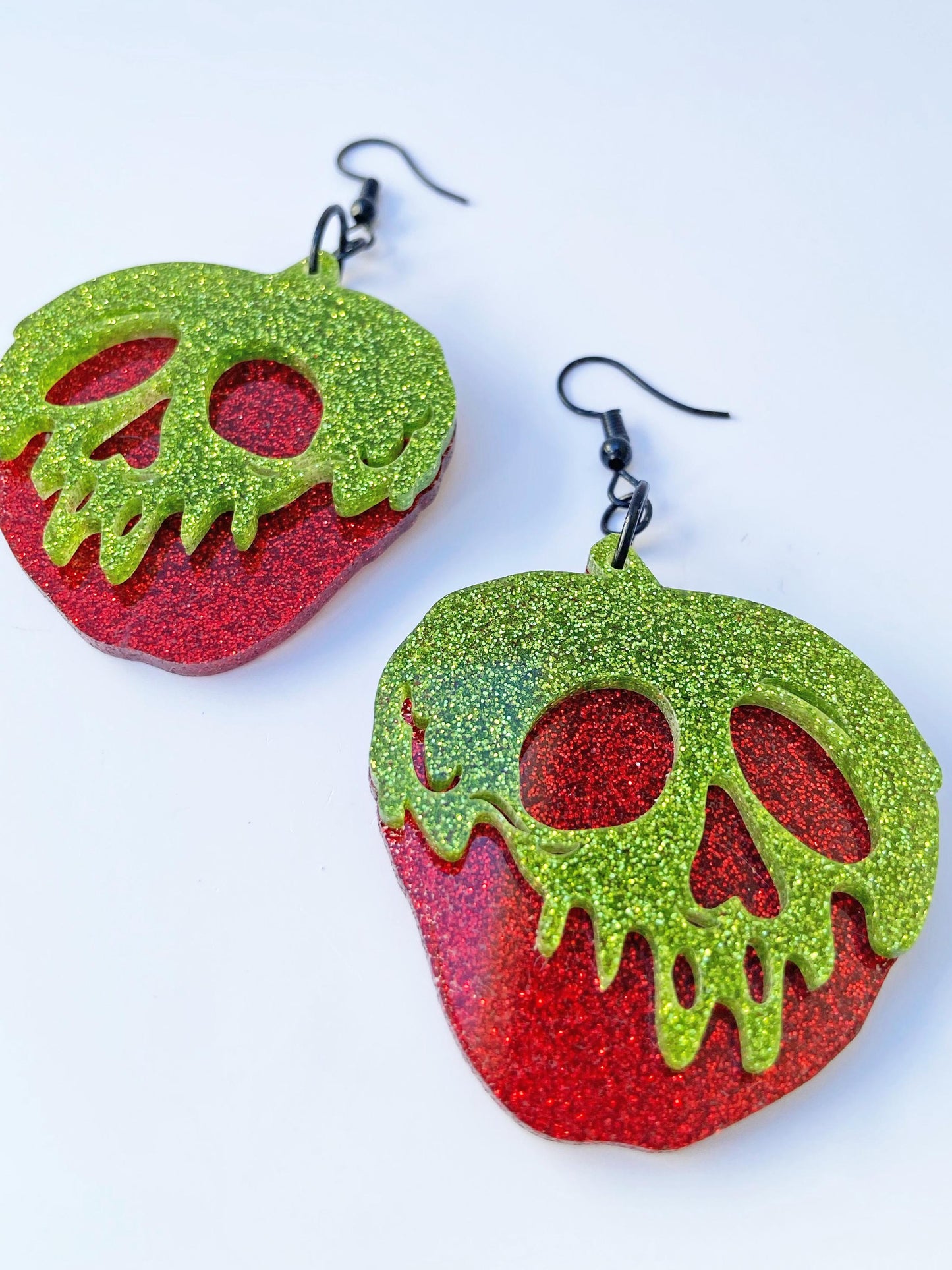 Poison Candy Apple Earrings ~ Halloween Jewelry ~ Spooky Season Skeleton Earrings ~ Laser Cut Red and Green Glitter Acrylic