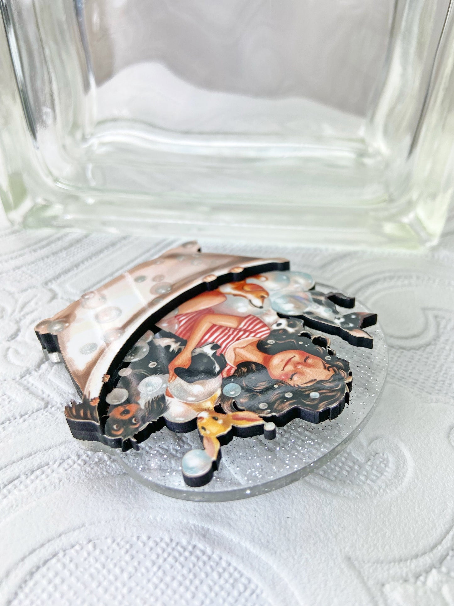 Adorable Handcrafted Dog Wash Brooch ~ Illustration of Happy Dogs getting Cleaned Up ~ Laser Cut Wood and Acrylic ~ Unique Gift Idea