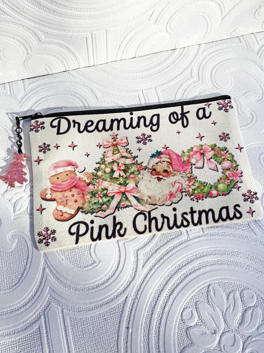 Dreaming of a Pink Christmas Makeup / Cosmetic Bag ~ Great Gift Idea, Quality Product, Image on BOTH sides, Laser Cut Pink Acrylic Tree Pull
