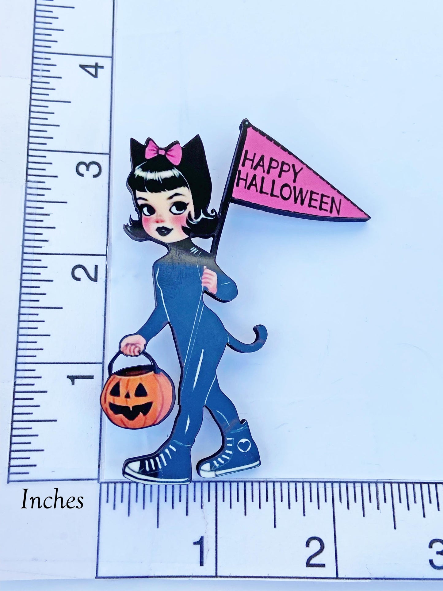 Brooch, Adorable Vintage Halloween Girl Trick or Treating in Cat Outfit ~ Spooky Season Pin ~ Nostalgic Pumpkin Treat Bag ~ Laser Cut Wood