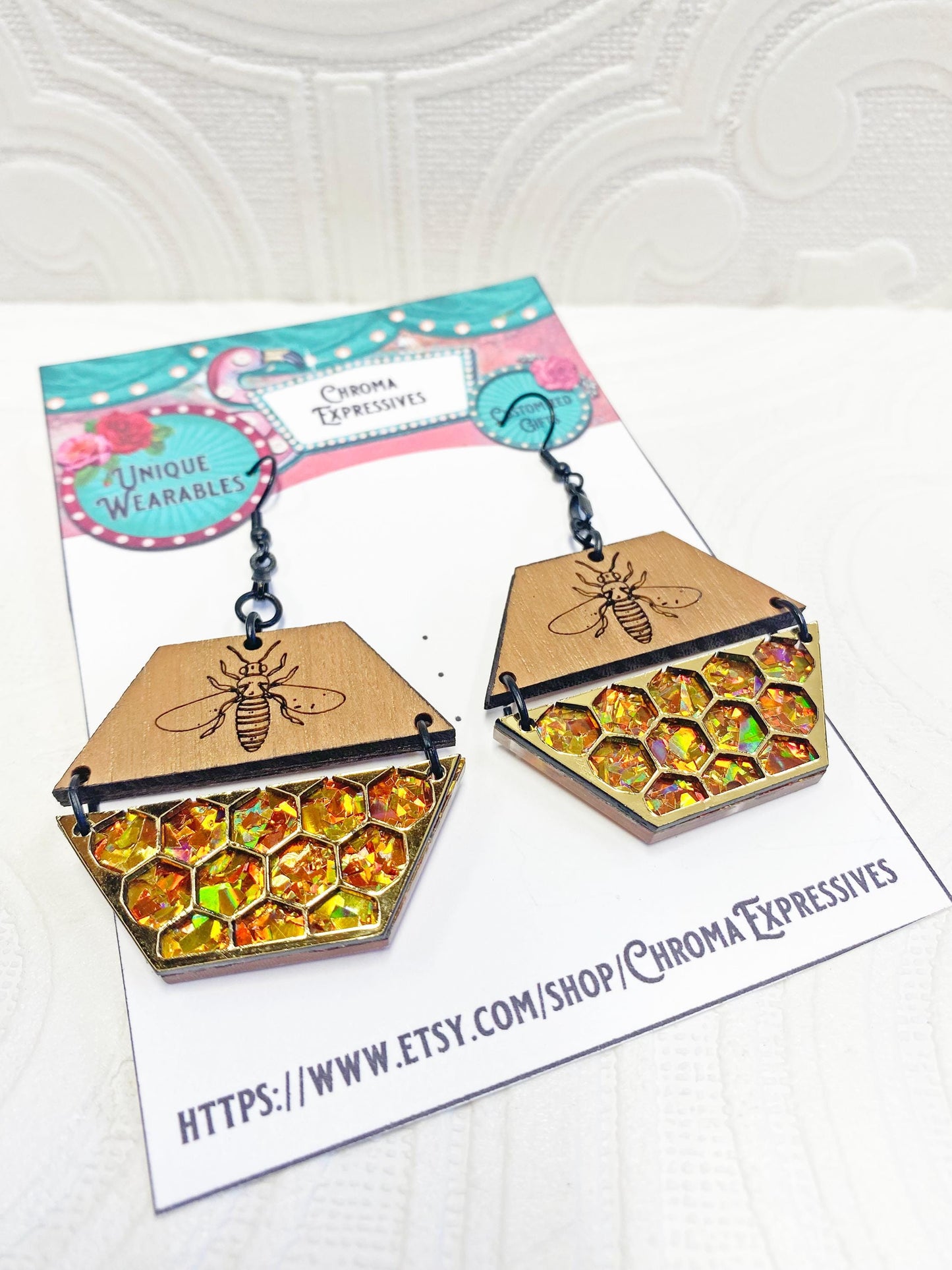 Bee and Honey Handcrafted Earrings, Clip-On or Pierced, Nature Inspired, Honeybee Love, Garden Lover Gift, Laser Cut Wood and Acrylic