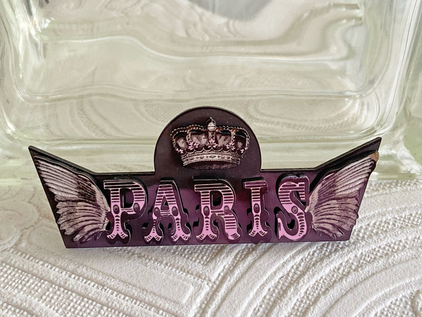 Beautiful Paris Handcrafted Brooch ~ Pink and Black ~ The Letters of Paris are articulated in laser-cut wood with sublimated images.