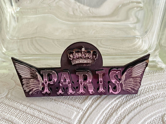 Beautiful Paris Handcrafted Brooch ~ Pink and Black ~ The Letters of Paris are articulated in laser-cut wood with sublimated images.