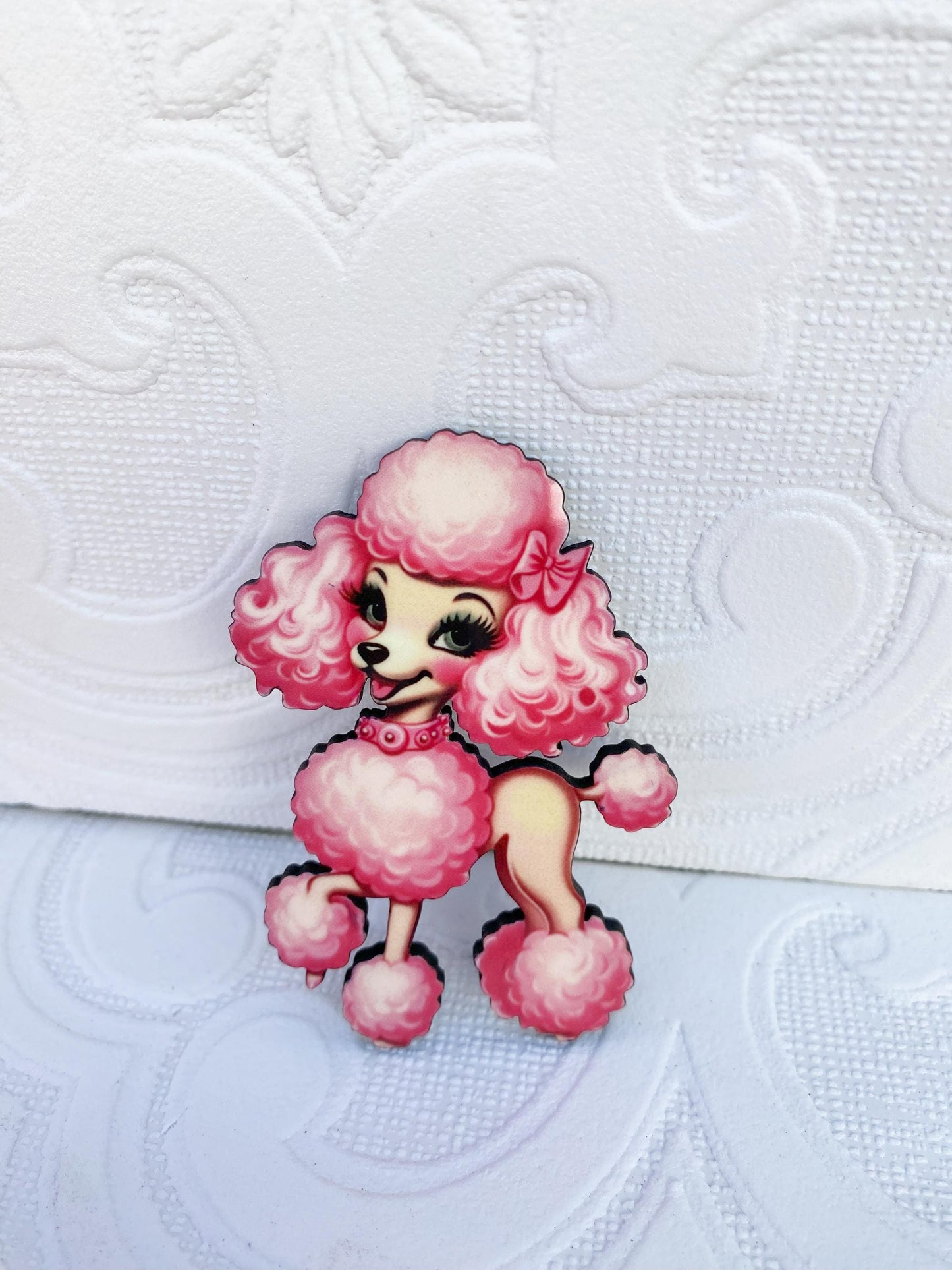 Retro Pink Poodle Kitsch Brooch - Laser Cut Wood with Sublimated Vintage Design, Poodle Lover Gift Idea