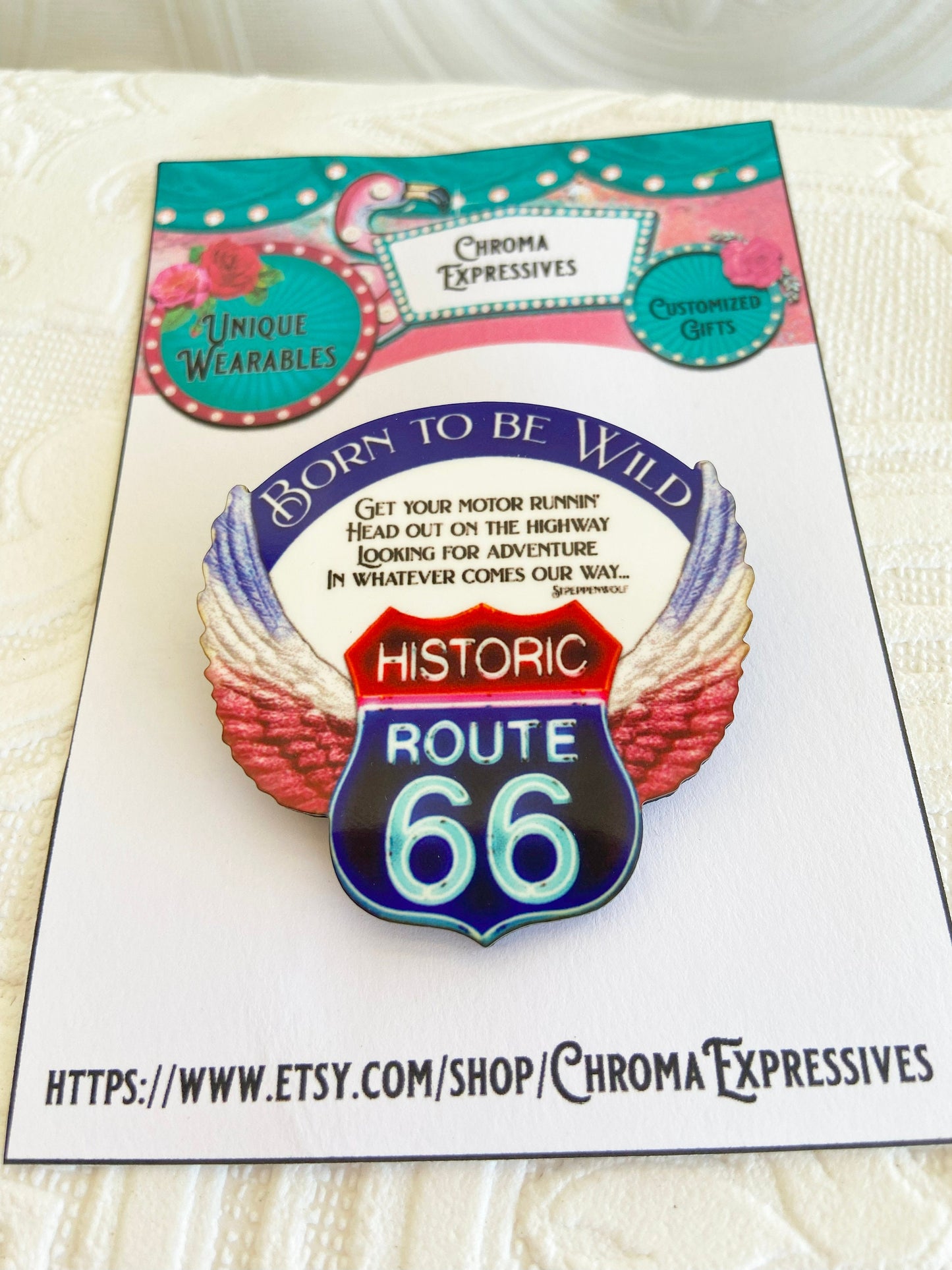 Route 66 Themed Brooch, Born to be Wild, Red, White Blue, Unique and Fun Pin / Brooch