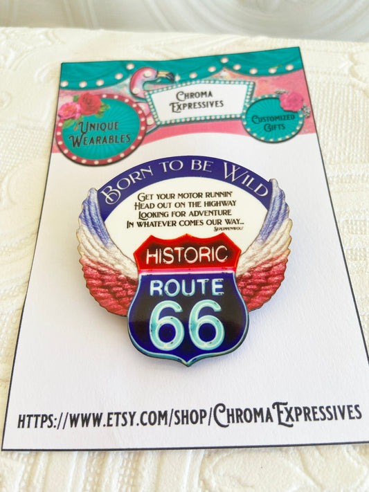 Route 66 Themed Brooch, Born to be Wild, Red, White Blue, Unique and Fun Pin / Brooch
