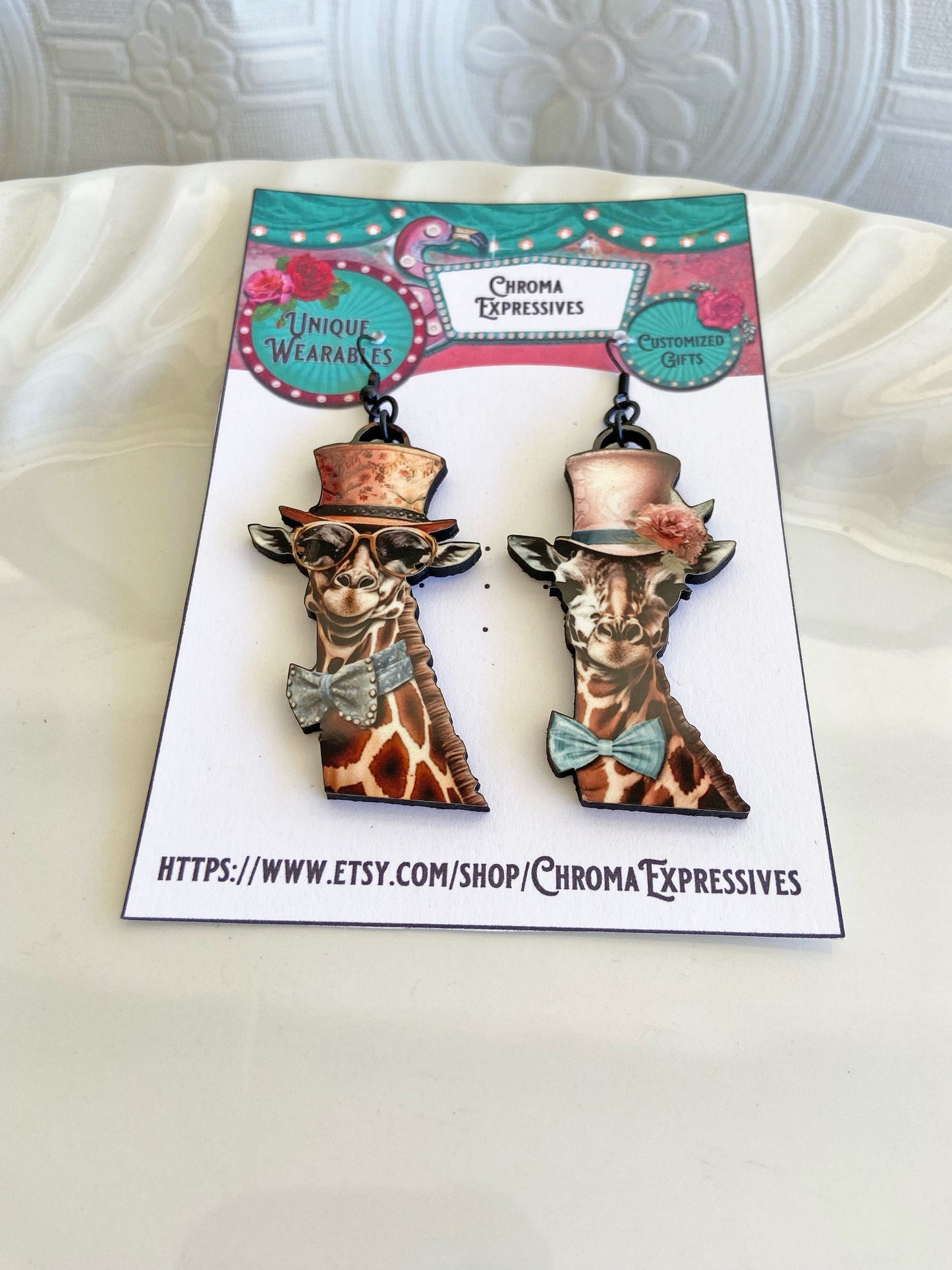 Meet Betty & Frank, Cute Giraffe Couple Earrings ~ Handmade of Laser Cut Wood and Sublimated Image, Illustration Jewelry, Gift Idea