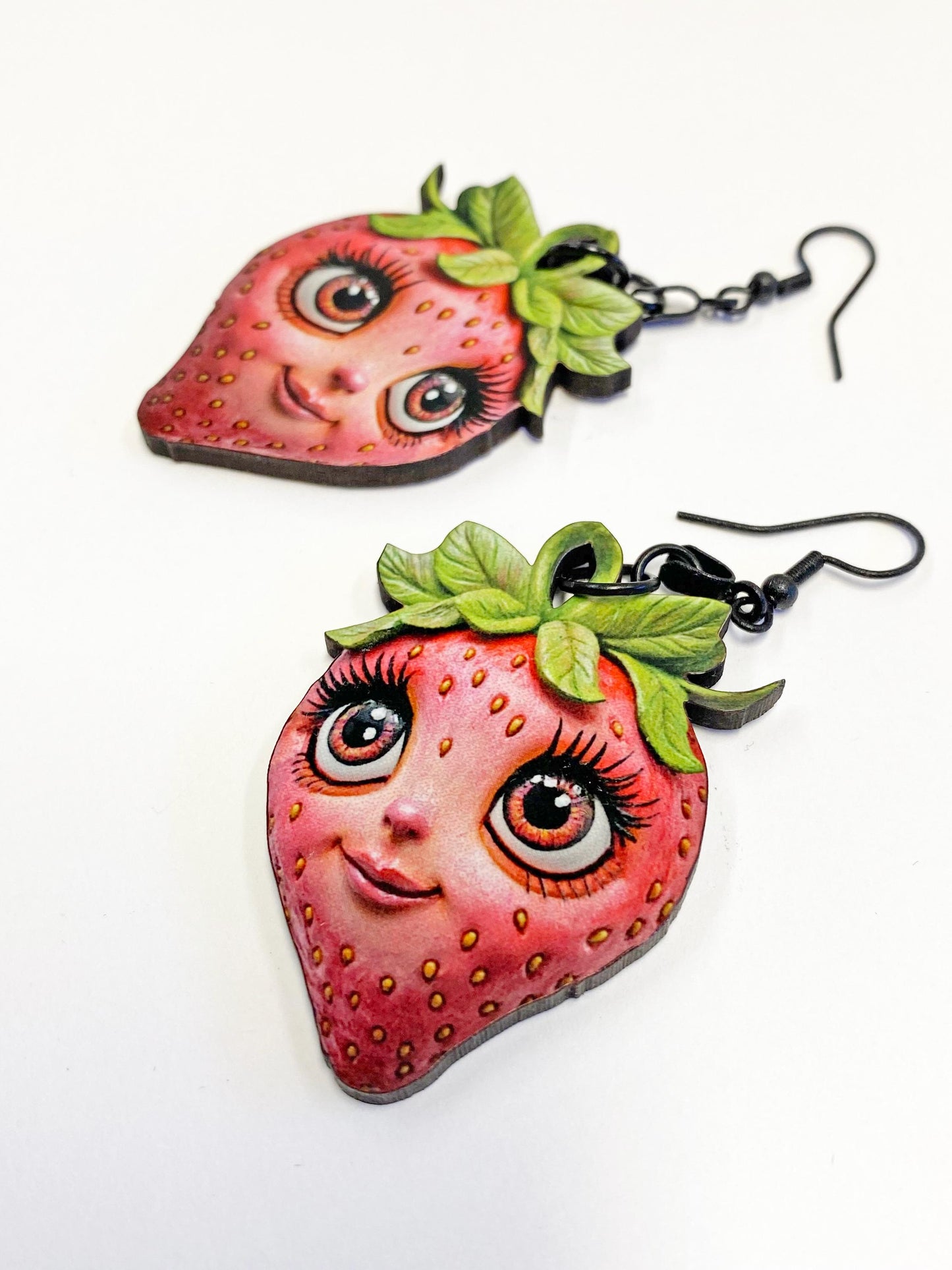 Strawberry Earrings, Whimsical, Weird and Wonderful!  Laser Cut Wood, Sublimated Image.  Pierced or Clip-on