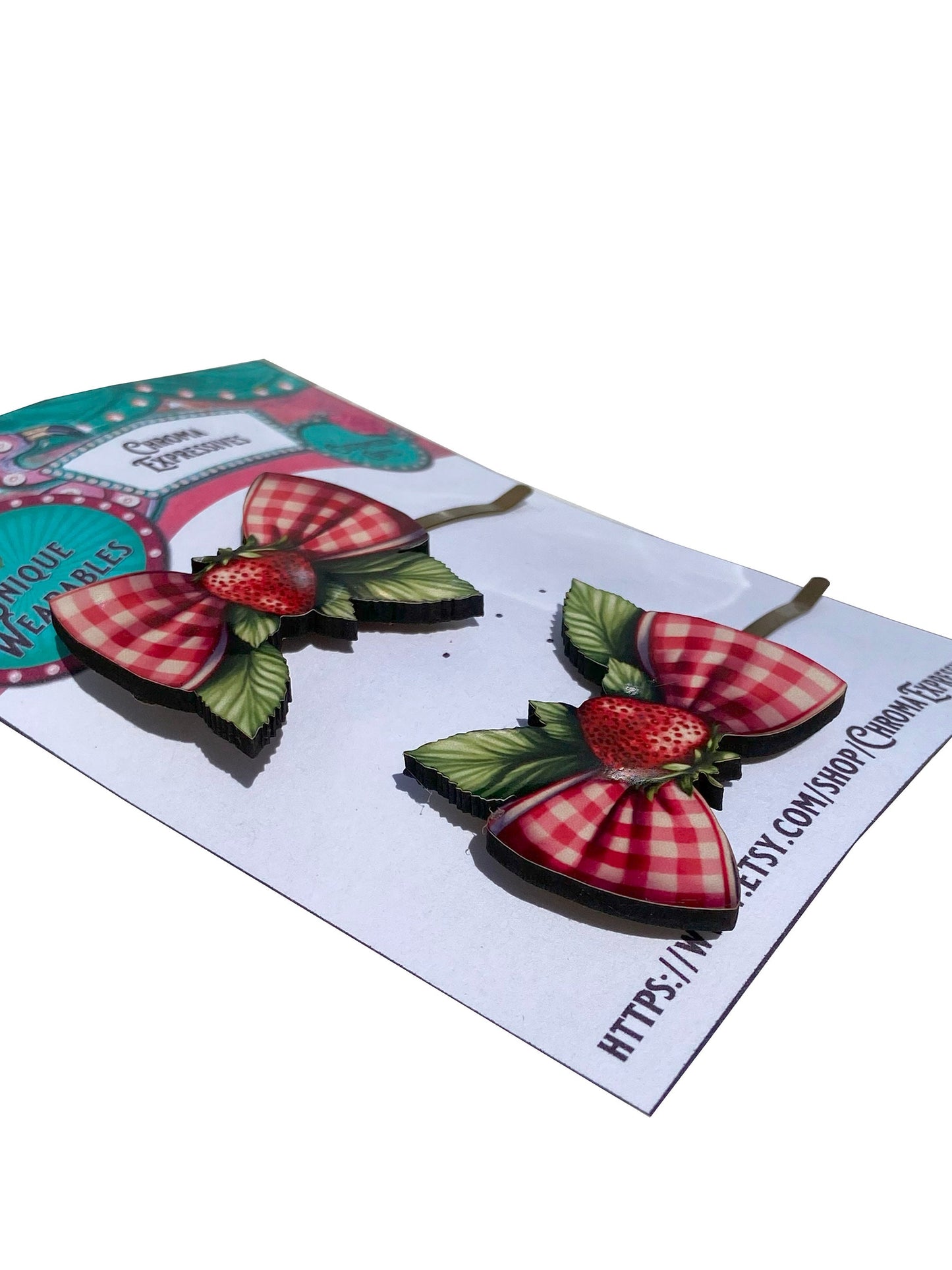 Strawberry Bow Bobby Pins ~ Perfect for Spring and Summer ~ Wearable Art ~ Gift Idea, Superior Process, Laser Cut Wood, Sublimation