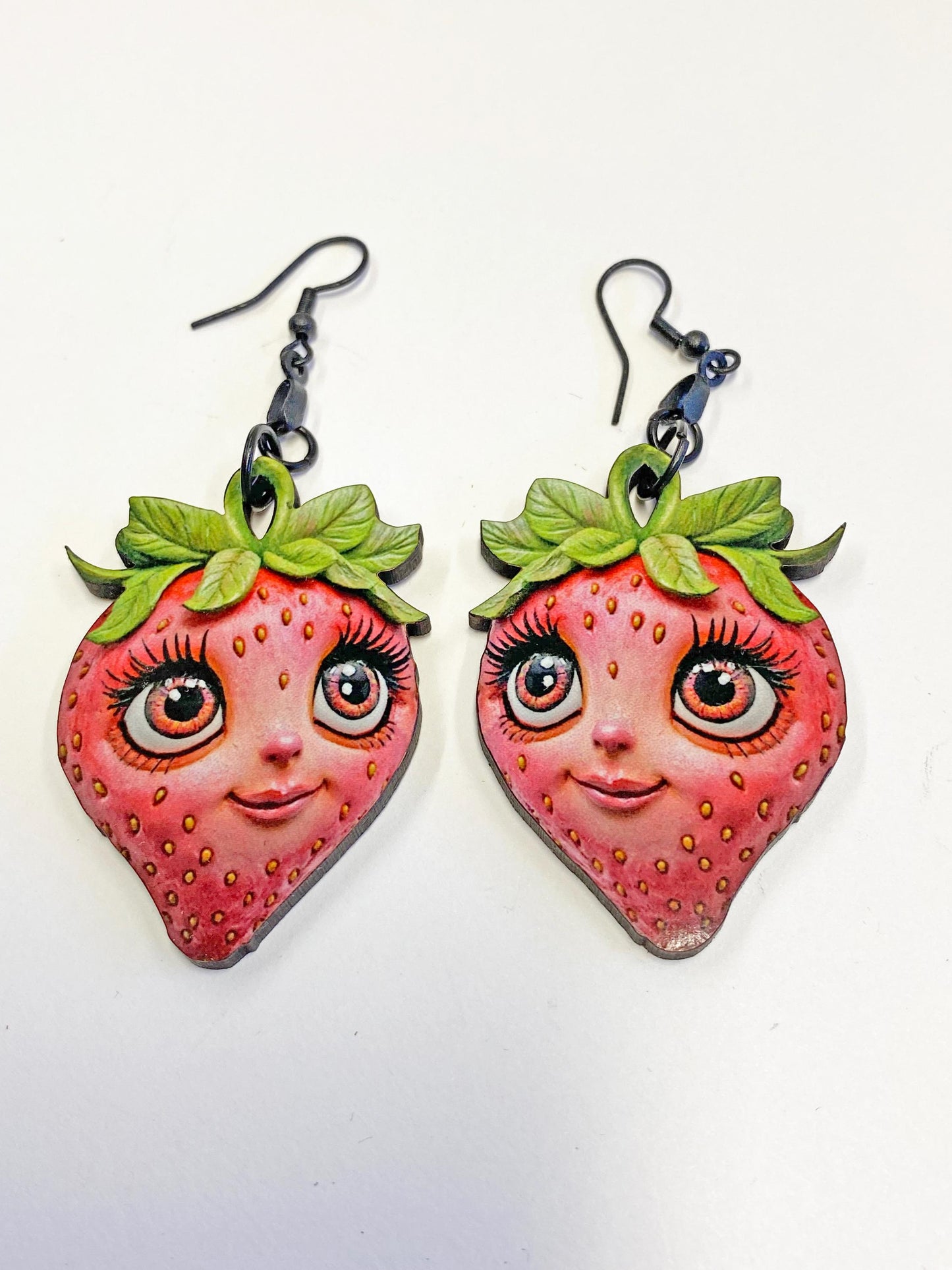Strawberry Earrings, Whimsical, Weird and Wonderful!  Laser Cut Wood, Sublimated Image.  Pierced or Clip-on