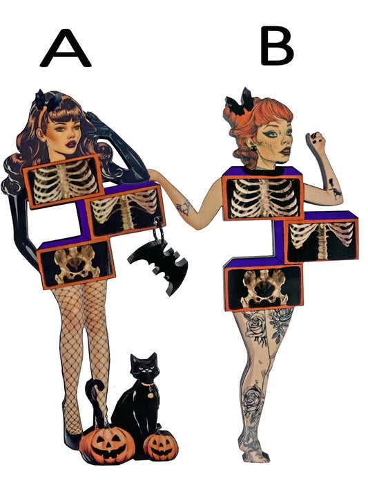 Your choice, Ghoul Brooch of Magic Trick, where you get cut and separated, x-ray Art, Oddity Fun, Spooky Season Jewelry, Laser Cut Wood