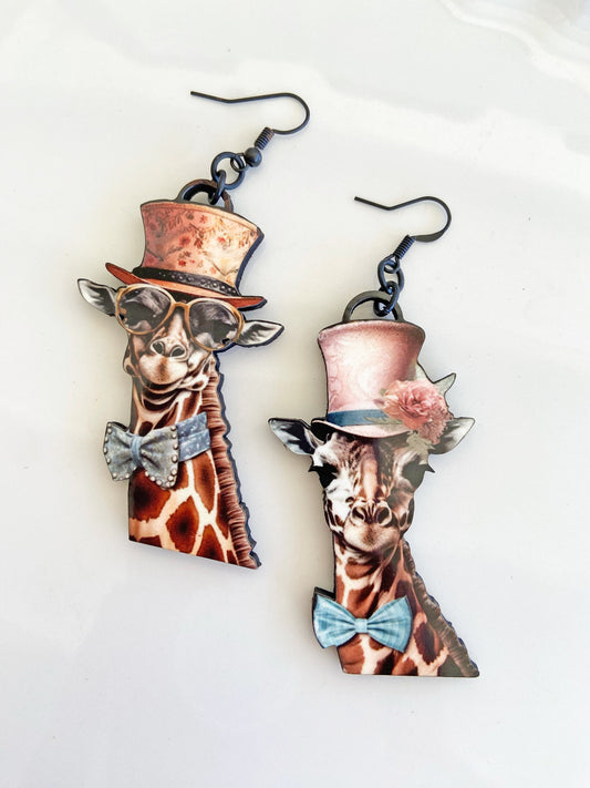 Meet Betty & Frank, Cute Giraffe Couple Earrings ~ Handmade of Laser Cut Wood and Sublimated Image, Illustration Jewelry, Gift Idea