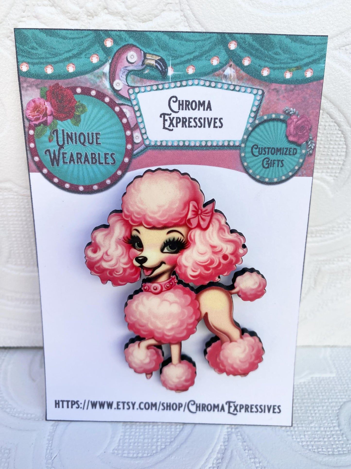 Retro Pink Poodle Kitsch Brooch - Laser Cut Wood with Sublimated Vintage Design, Poodle Lover Gift Idea