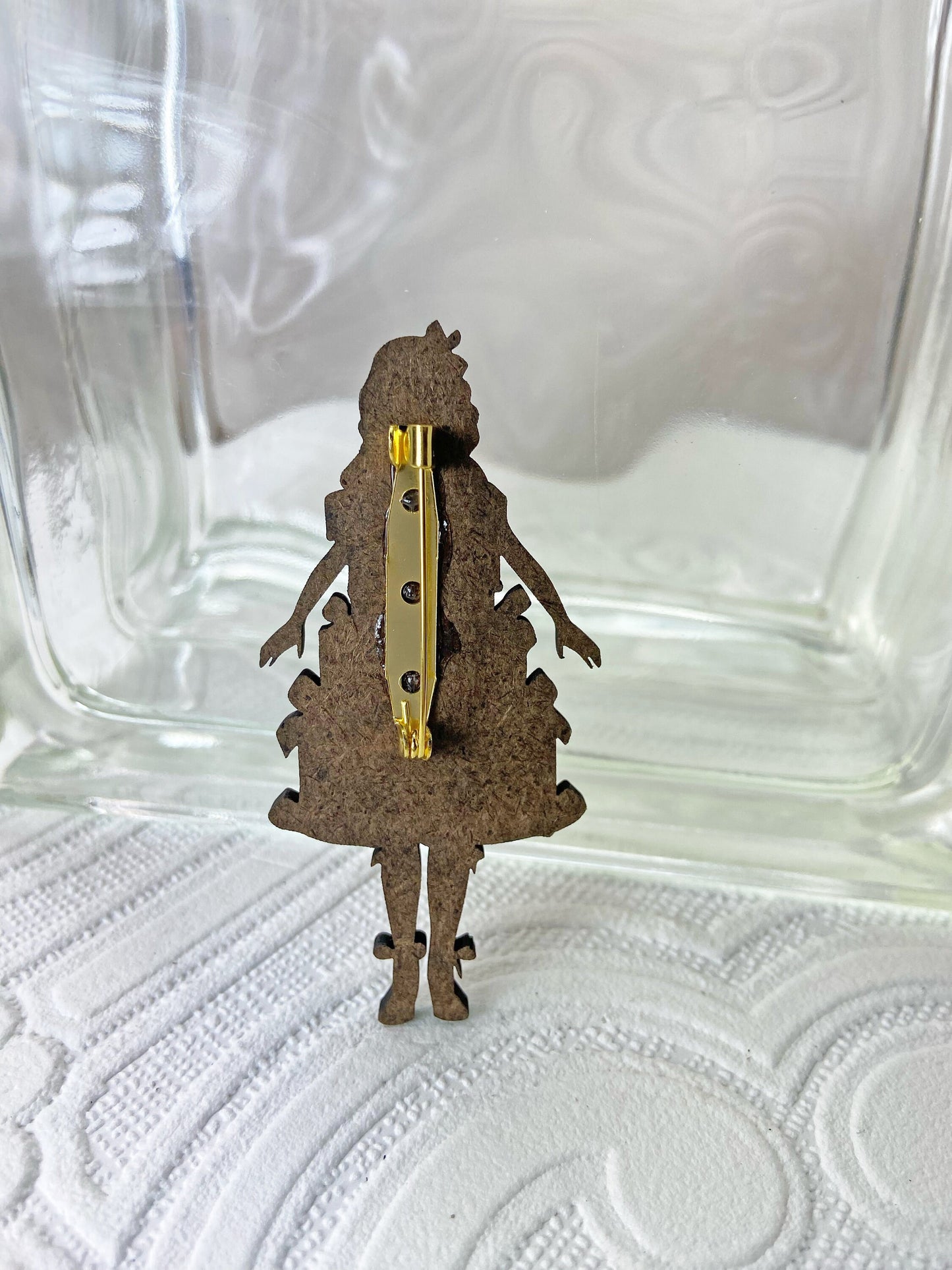 Fabulous Cake Girl Pin / Brooch ~ Laser Cut Illustration Wood, Lightweight, Great Gift Idea ~ Delightful Girl Wearing a Cake, Blue and Red