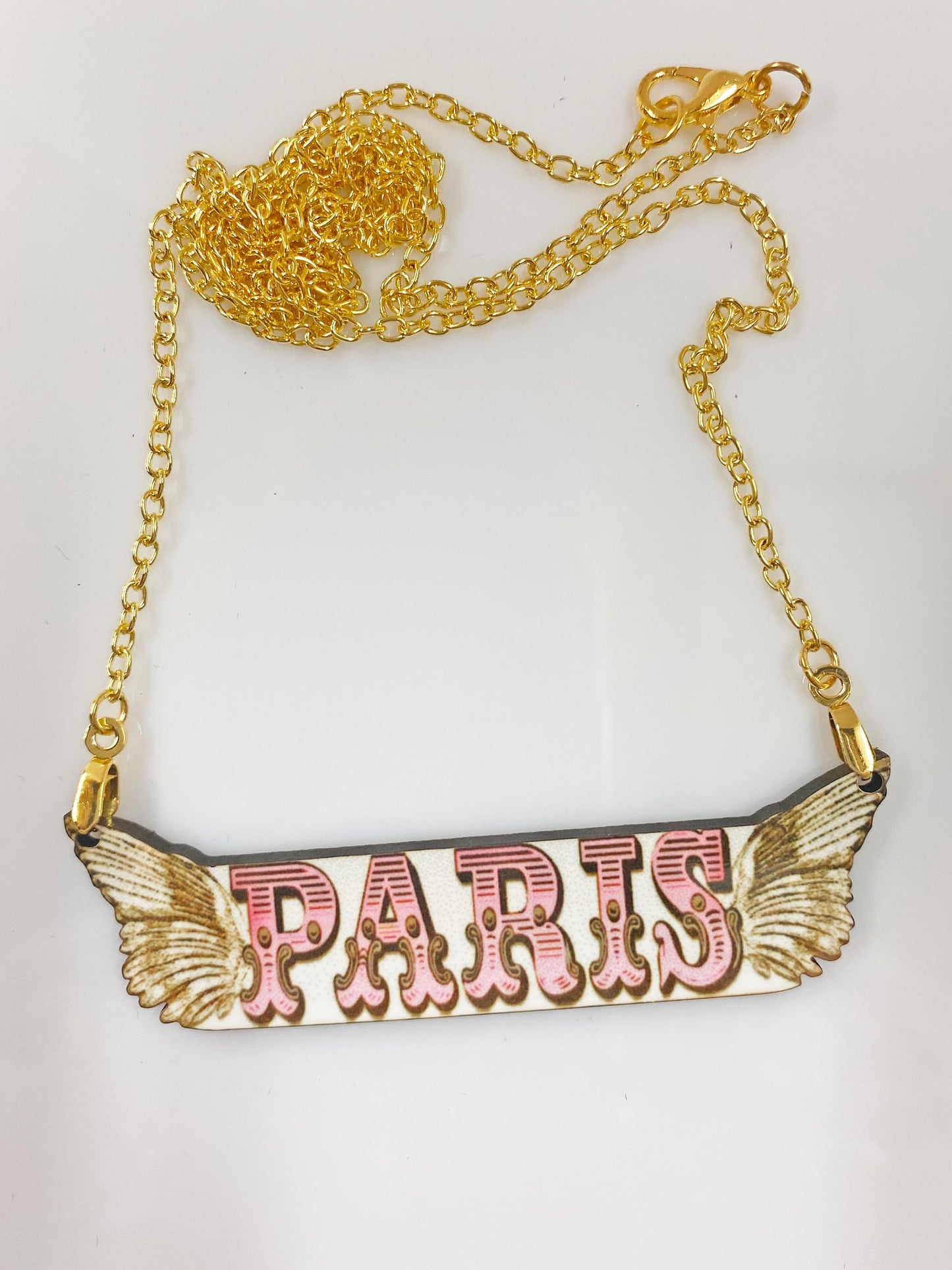 Paris Winged Necklace – Handmade Vintage-Inspired Wooden Pendant with Gold Chain – Sublimated for Durability