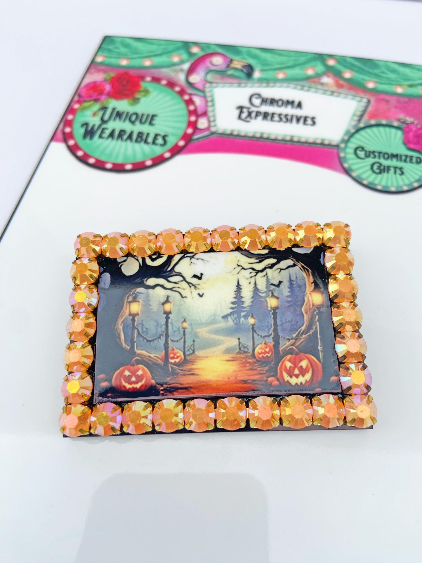 Halloween Themed Brooch, Spooky Forest, Pumpkins, Orange Rhinestones, Gift for Halloween or Spooky Season Lover ~ Laser Cut Wood, Sublimated