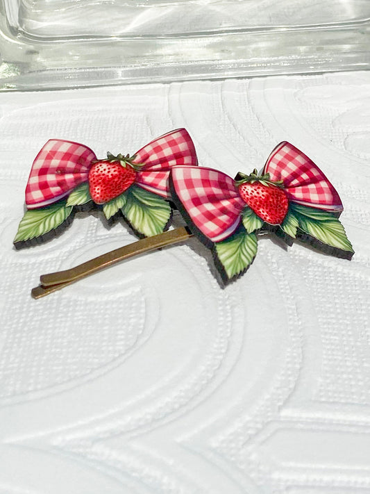 Strawberry Bow Bobby Pins ~ Perfect for Spring and Summer ~ Wearable Art ~ Gift Idea, Superior Process, Laser Cut Wood, Sublimation