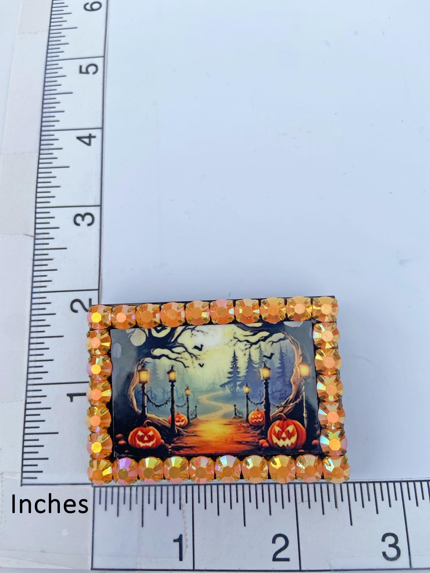 Halloween Themed Brooch, Spooky Forest, Pumpkins, Orange Rhinestones, Gift for Halloween or Spooky Season Lover ~ Laser Cut Wood, Sublimated