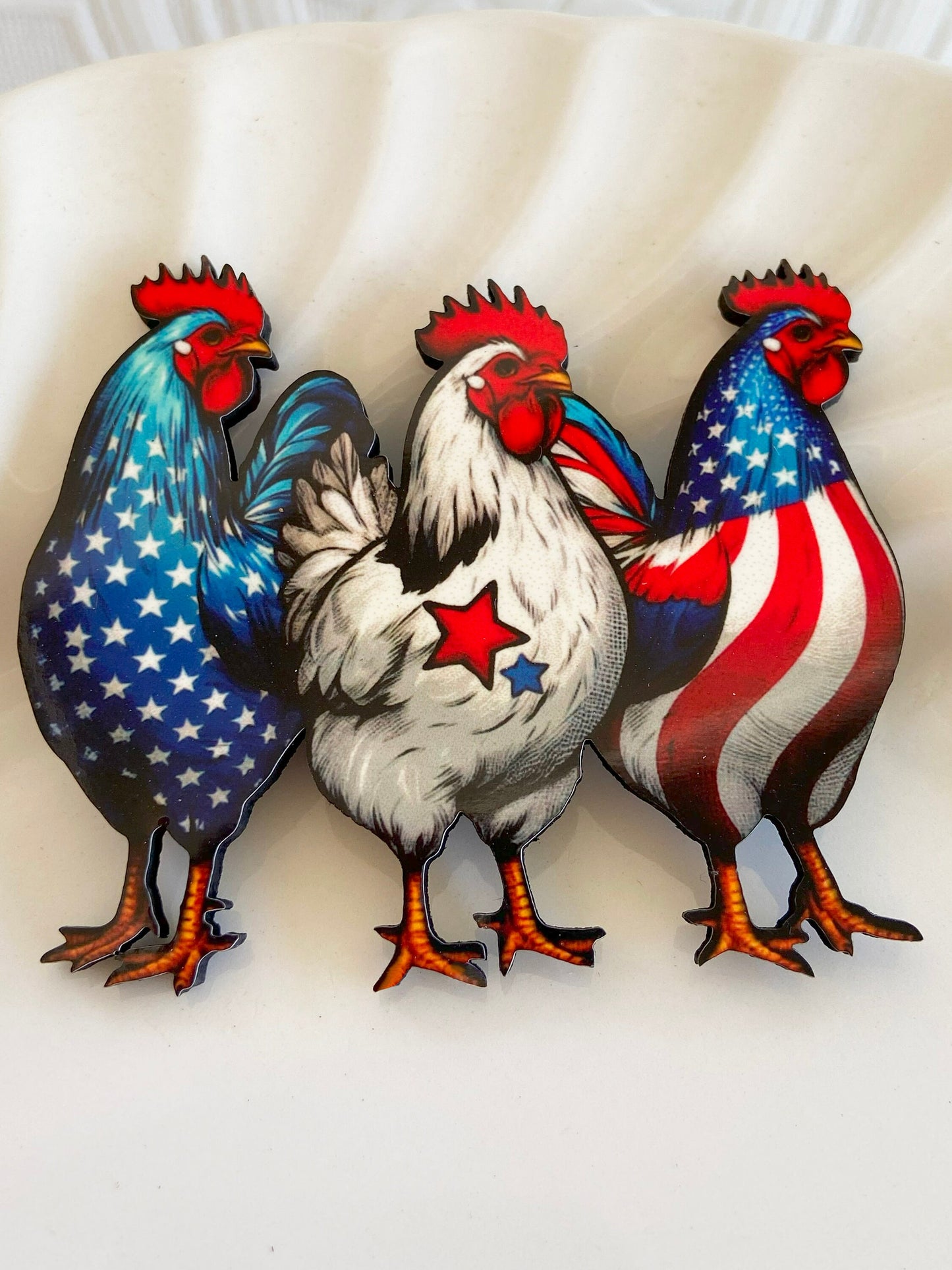 Patriotic Cluckers ~ 3 Hens Showing off their Red, White & Blue Colors ~ Fun Wearable Art ~ Superior Process ~ Gift Idea ~ Whimsical Brooch