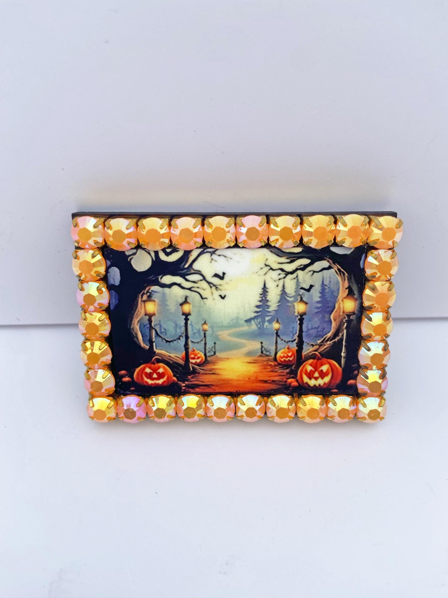 Halloween Themed Brooch, Spooky Forest, Pumpkins, Orange Rhinestones, Gift for Halloween or Spooky Season Lover ~ Laser Cut Wood, Sublimated