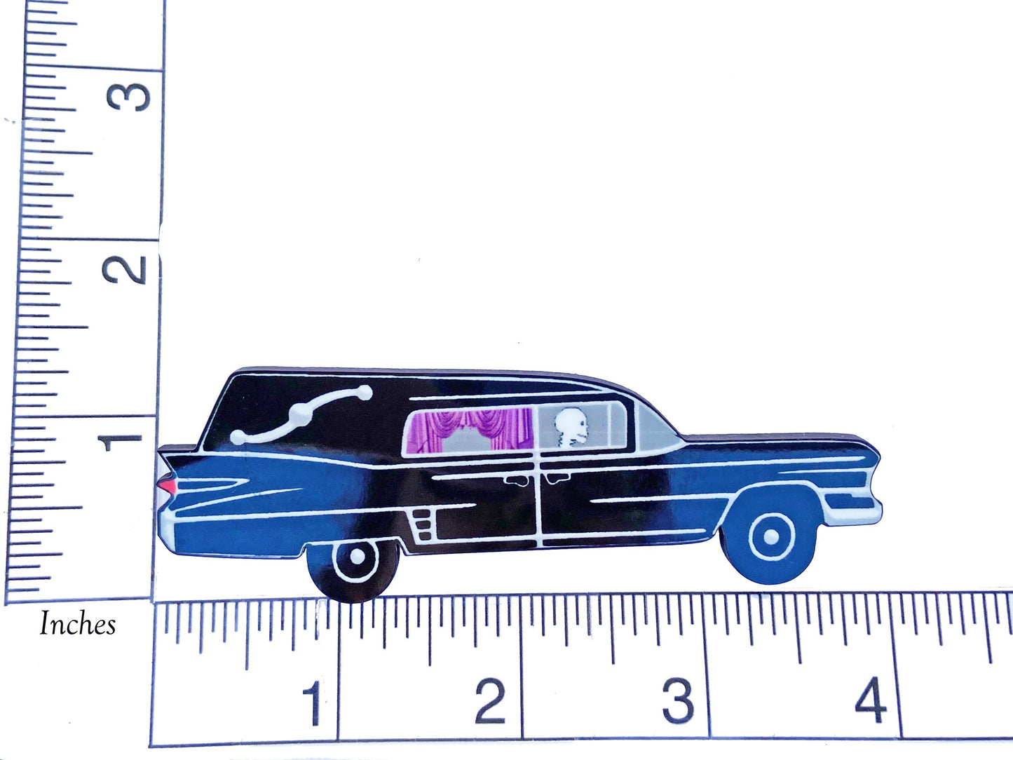 Spooky Season Hearse Brooch ~ Gothic Jewelry ~ Whimsical Hearse ~ Halloween Pin, Skeleton Hearse Driver ~ Gift for Halloween / Spooky Season