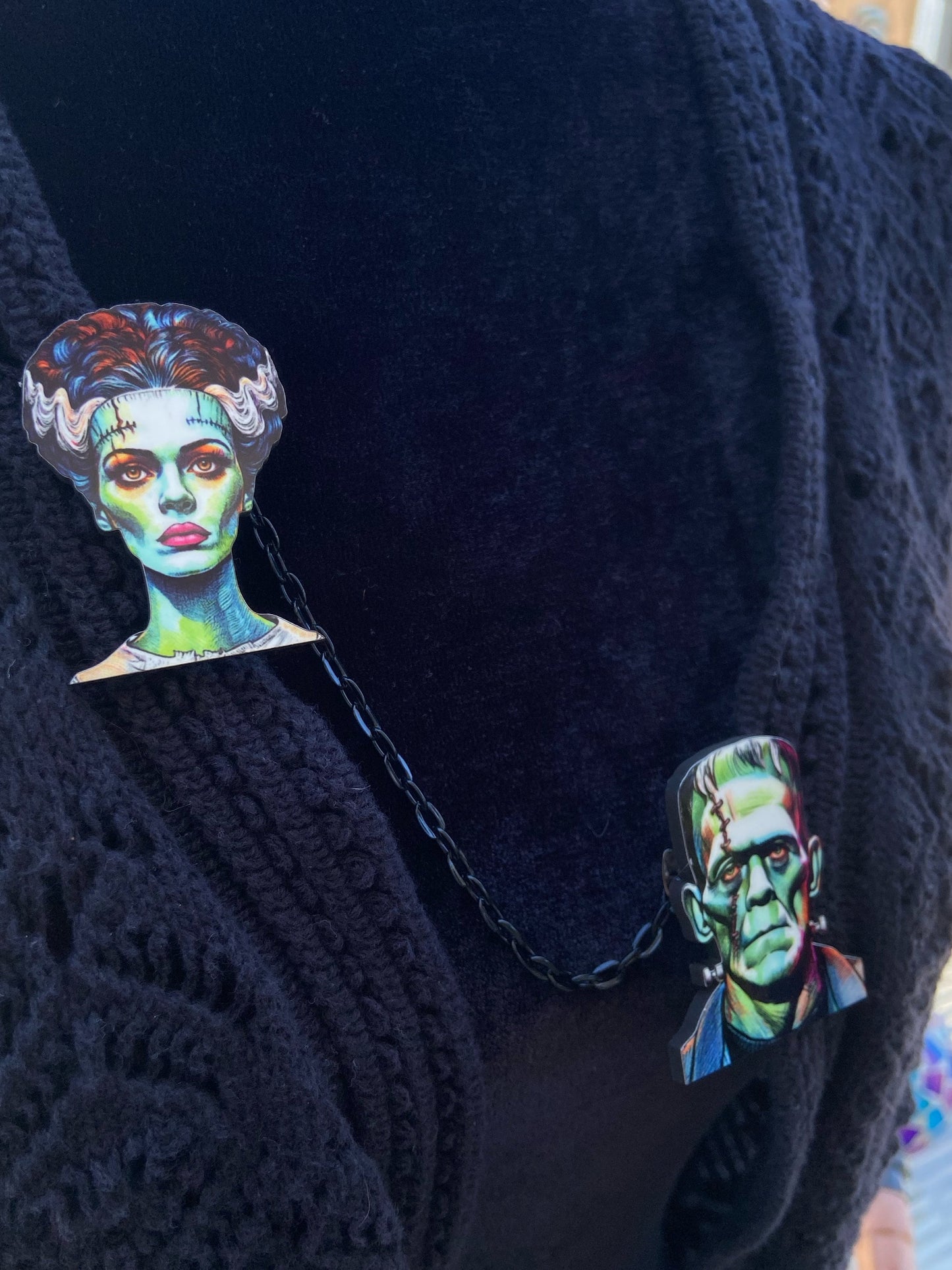 Frankenstein & His Bride Collar / Sweater Clips or Earrings ~ Spooky Wearable Art ~ Laser Cut Wood, Sublimated Illustration