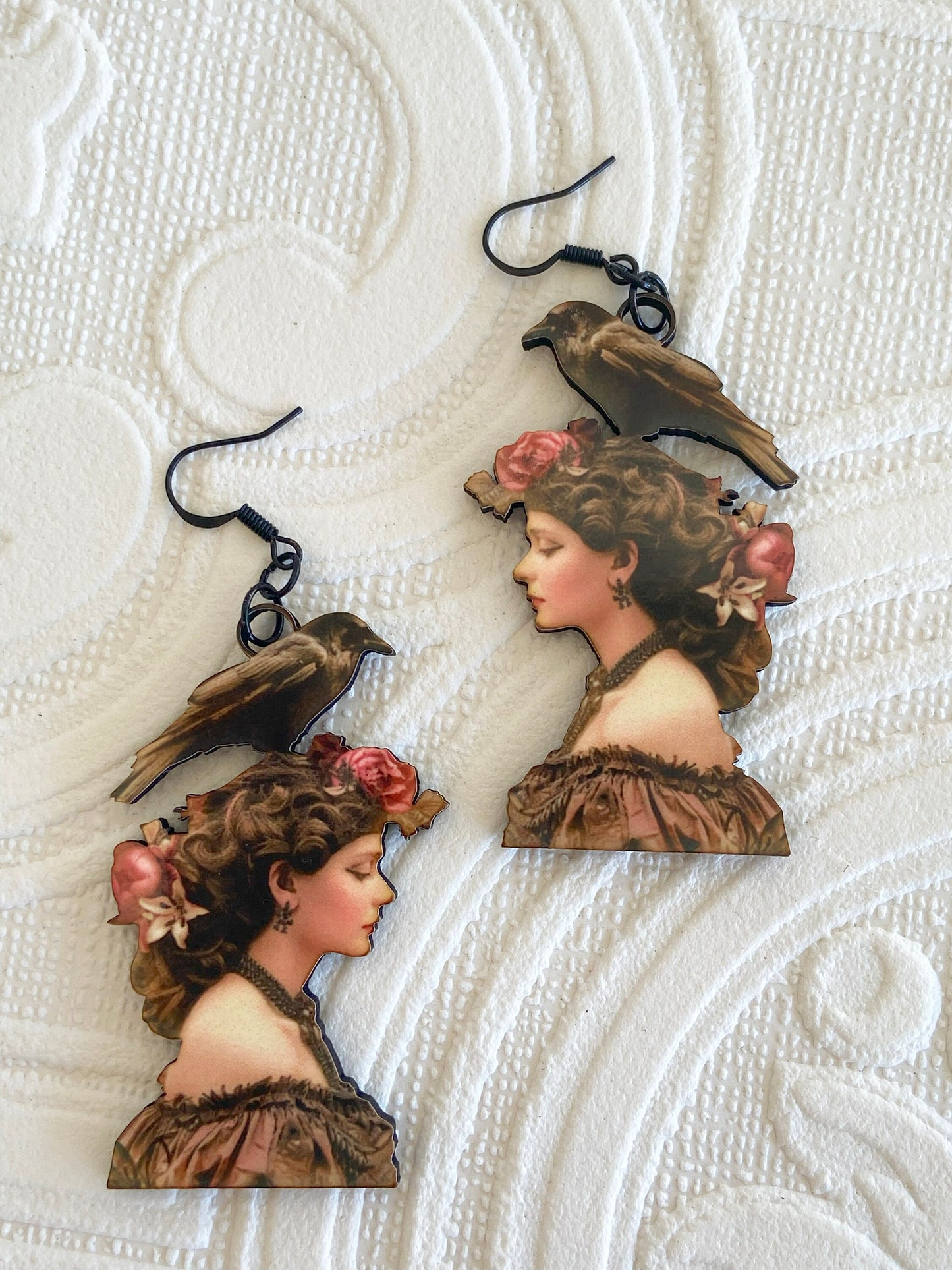 Woman with Crow / Raven on her Head Unusual earrings ~ Victorian Beauty with Flowers in Hair, Unique Gift Idea.