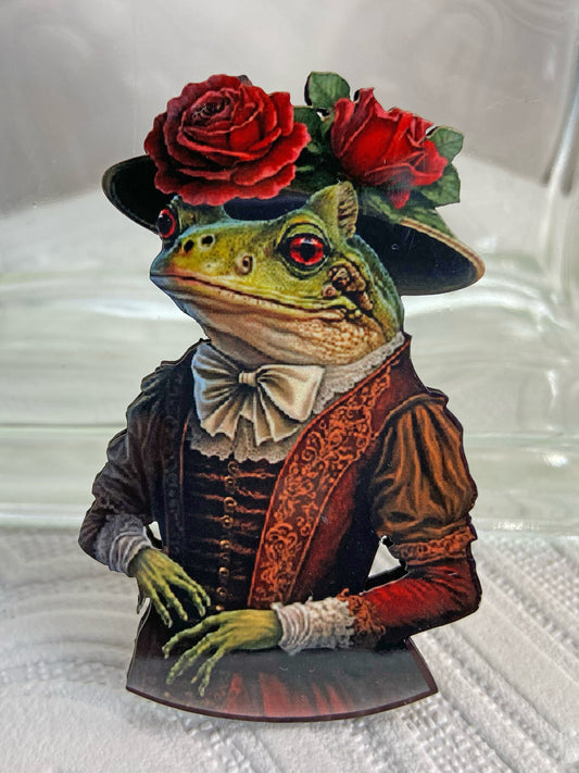 Pretty & sophisticated Ms. Toad Brooch ~ Decked out in wine-colored Victorian Dress and Fancy Floral Hat ~ Laser Cut Wood / Sublimated image
