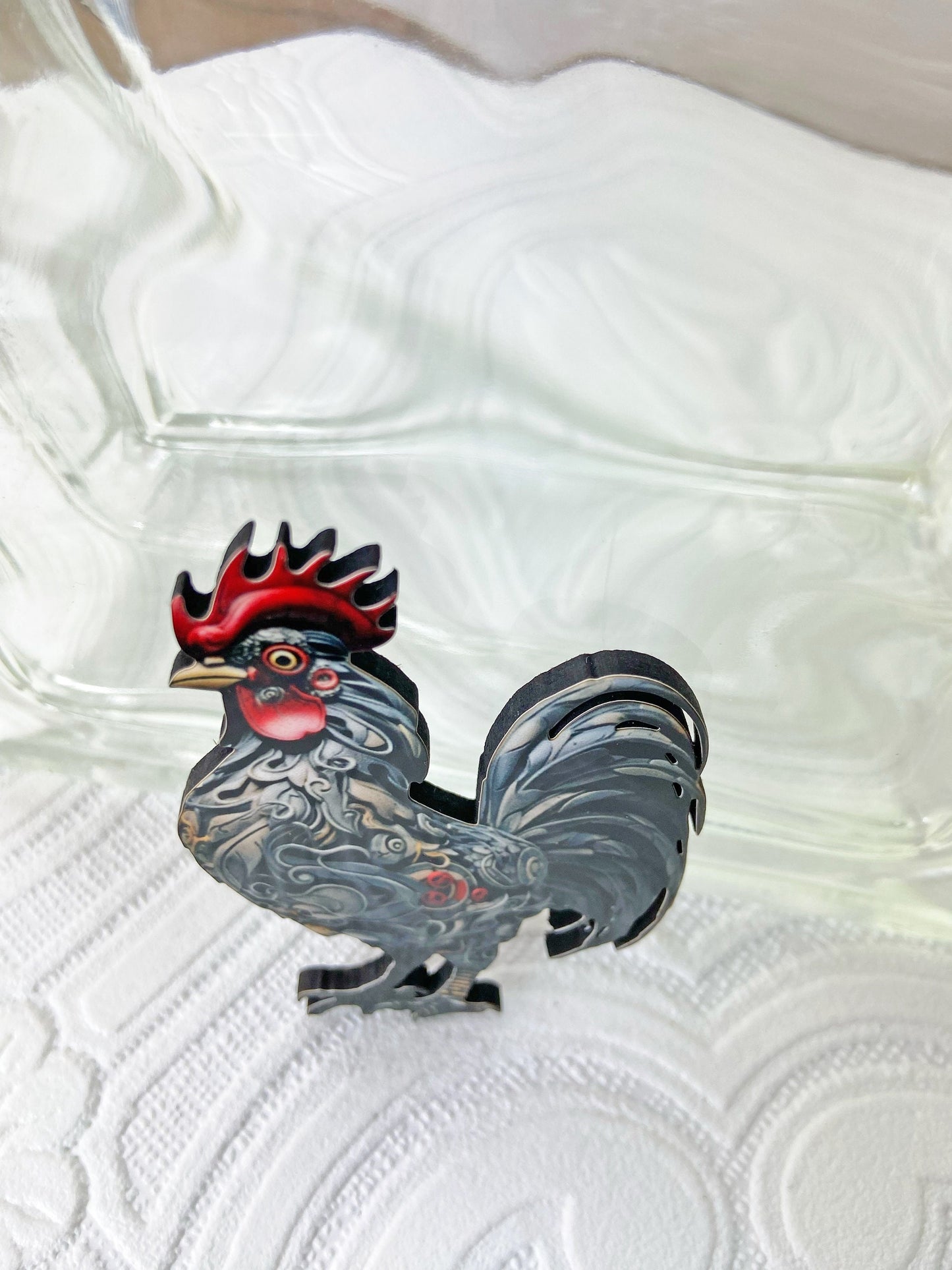 Steampunk Rooster Brooch ~ Cool Grey and Red Brooch, Rooster Lovers Jewelry, Great Gift Idea, Laser Cut Wood