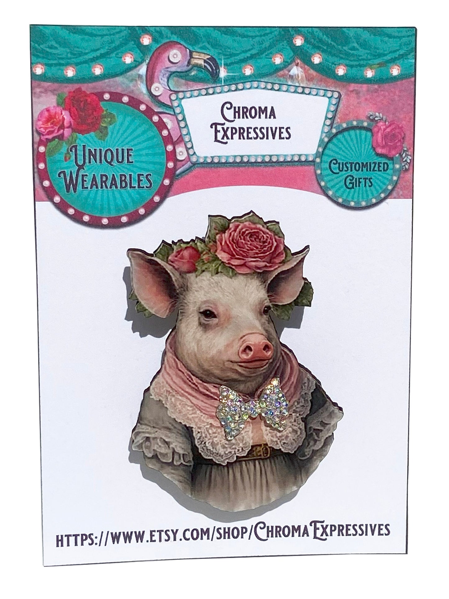 Handcrafted Brooch / Pin, Your Choice of Sweet Pig With or Without Rhinestone Bow, Illustration Jewelry, Laser Cut Wood, Sublimated Image