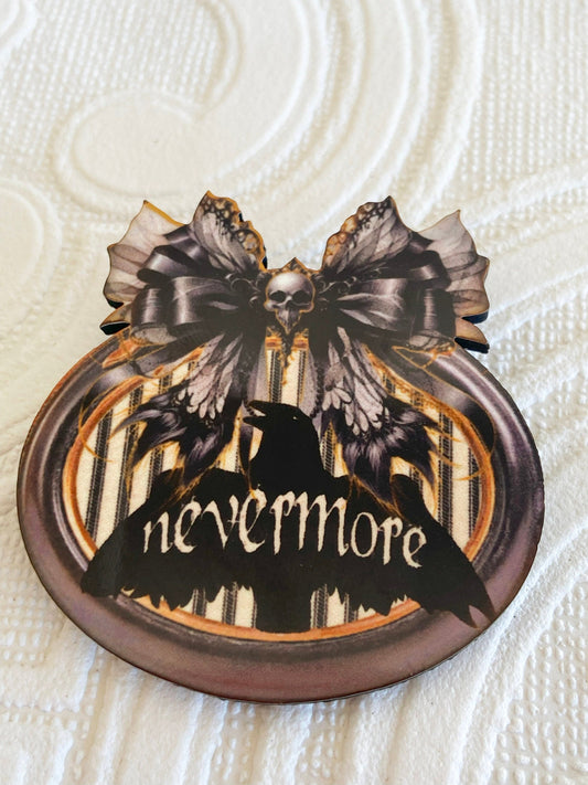 Nevermore Pin / Brooch, The Raven, Poe, Unique Design, Laser Cut wood, Sublimated Illustration, Goth Gift