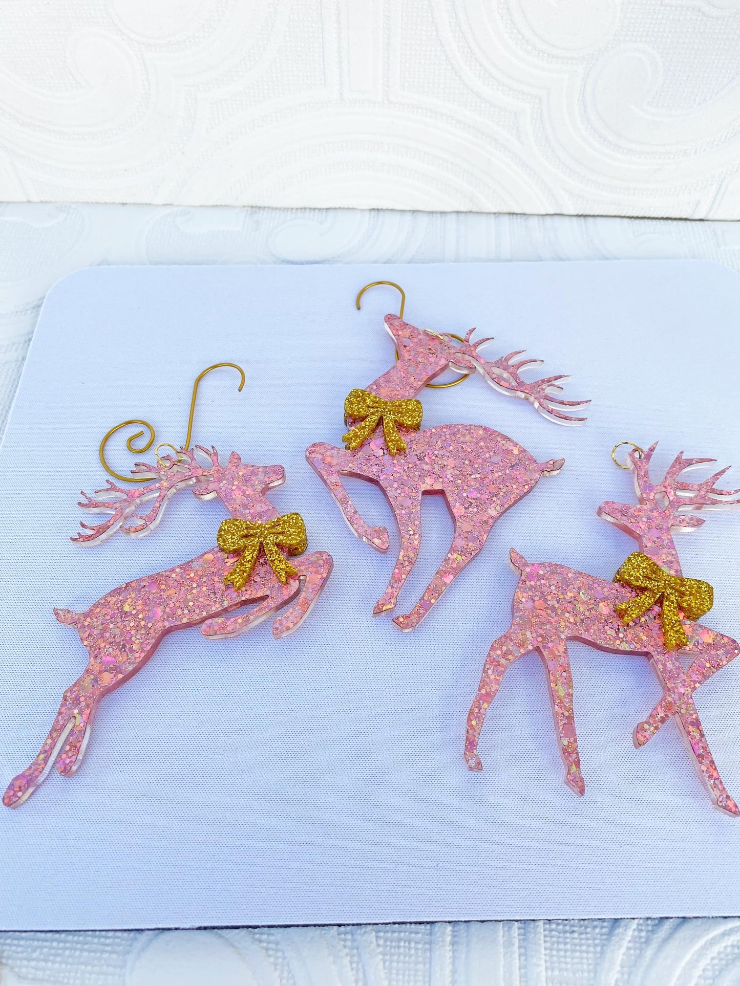 Beautiful Pink Reindeer Tree Ornaments (3) ~ Delux Glitter Acrylic, Very Sparkly, Bow's on Both Sides