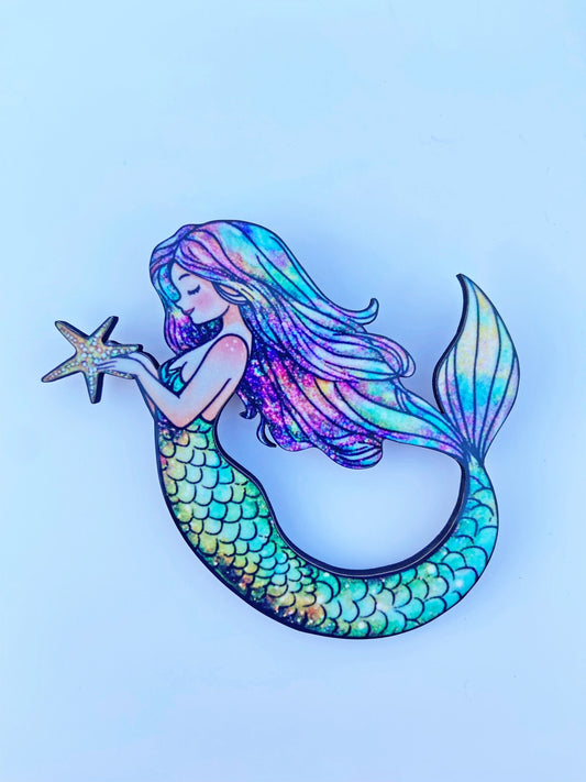 Whimsical Mermaid Brooch / Pin, Handcrafted Laser Cut Wood, Beautiful Vibrant Colors, 2 Sizes to Chose From, Great Gift Idea