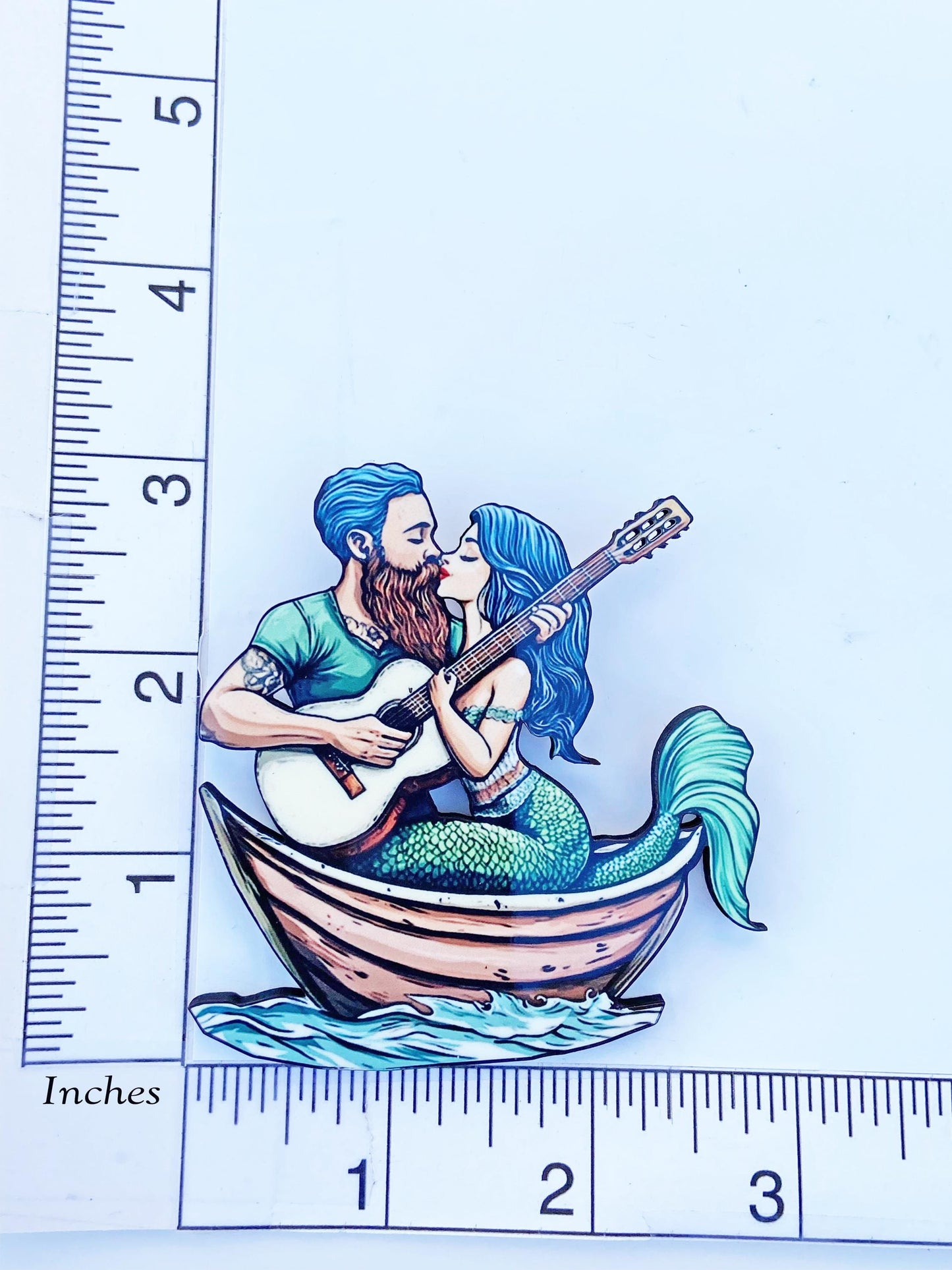 Brooch, Mermaid & Guitar Playing Man In Boat ~ Handsome Tattooed Man Serenading Beautiful Mermaid ~ Romance on the High Seas, Fun!