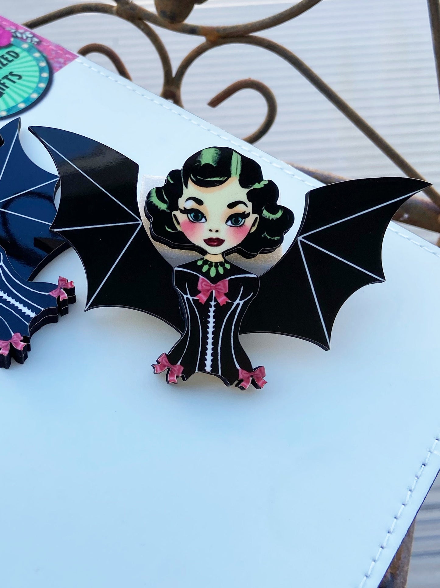 Female Bat Oddity Brooch or Necklace, Corset Wearing Bat, Spooky Season Jewelry, Whimsical and Fun, Illustration Art, Wearable Art