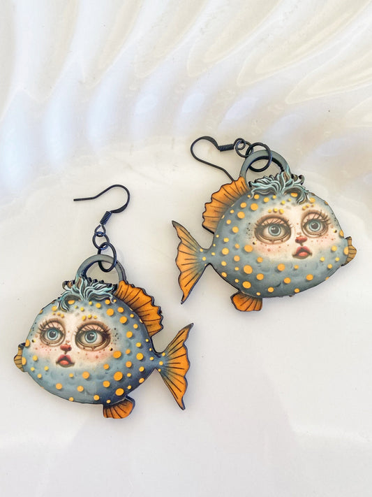 Awesome, Whimsical & Odd Earrings ~ Handcrafted, Laser Cut Wood, Sublimated Illustration ~ Blow Fish Design, Unique and Fun