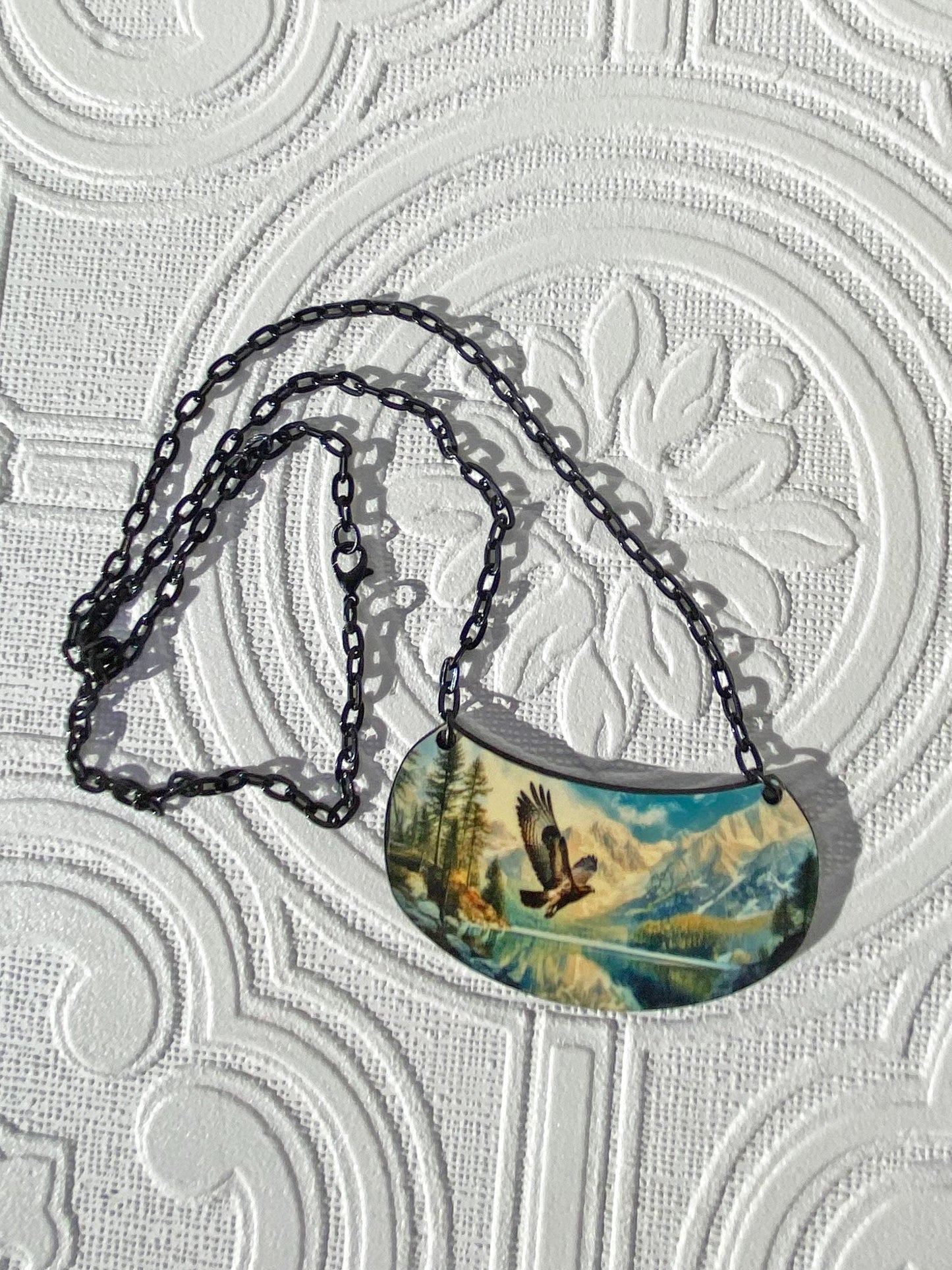 Beautiful Nature Scene Necklace, Hawk, Lake Mountains, Handcrafted ~ Gift for Nature Lover, Laser cut Wood, Sublimated Illustration