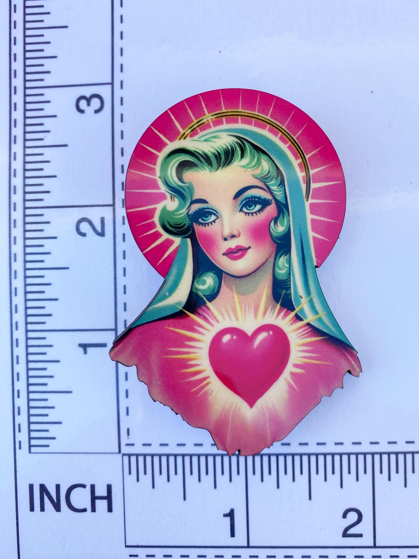 Sacred Heart Pop Art Brooch – Handmade Sublimated Wooden Pin – Retro Virgin Mary-Inspired Iconic Jewelry